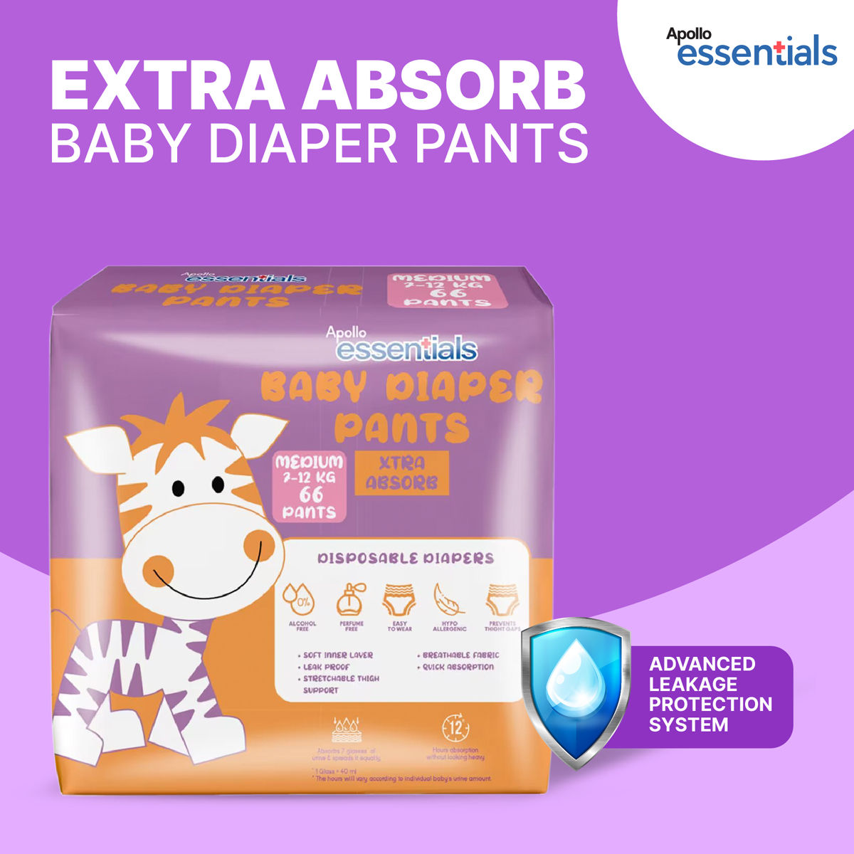 Apollo Essentials Extra Absorb Baby Diaper Pants Medium, 66 Count Price, Uses, Side Effects