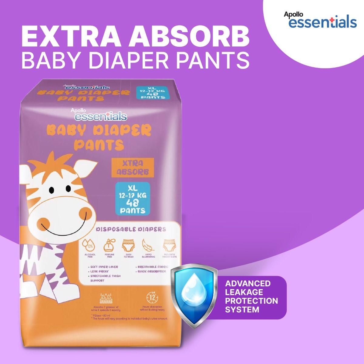 Apollo Essentials Extra Absorb Baby Diaper Pants XL, 48 Count Price