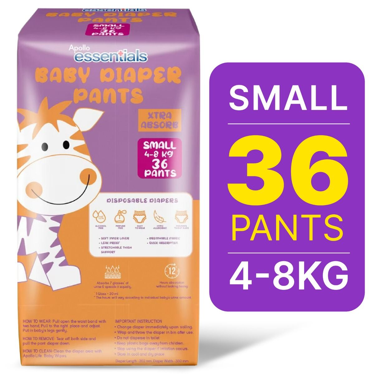 Apollo Essentials Extra Absorb Baby Diaper Pants Small, 36 Count Price, Uses, Side Effects