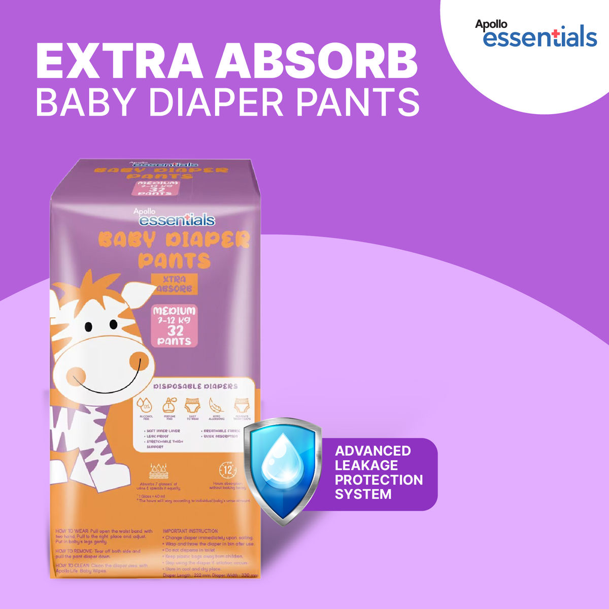 Apollo Essentials Extra Absorb Baby Diaper Pants Medium, 32 Count Price