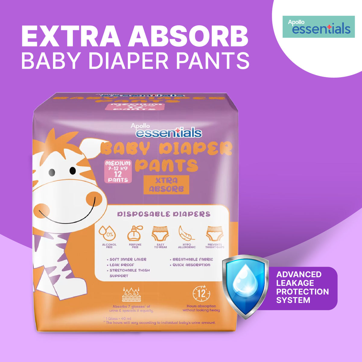 Apollo Essentials Extra Absorb Baby Diaper Pants Medium, 12 Count, Pack of 1 