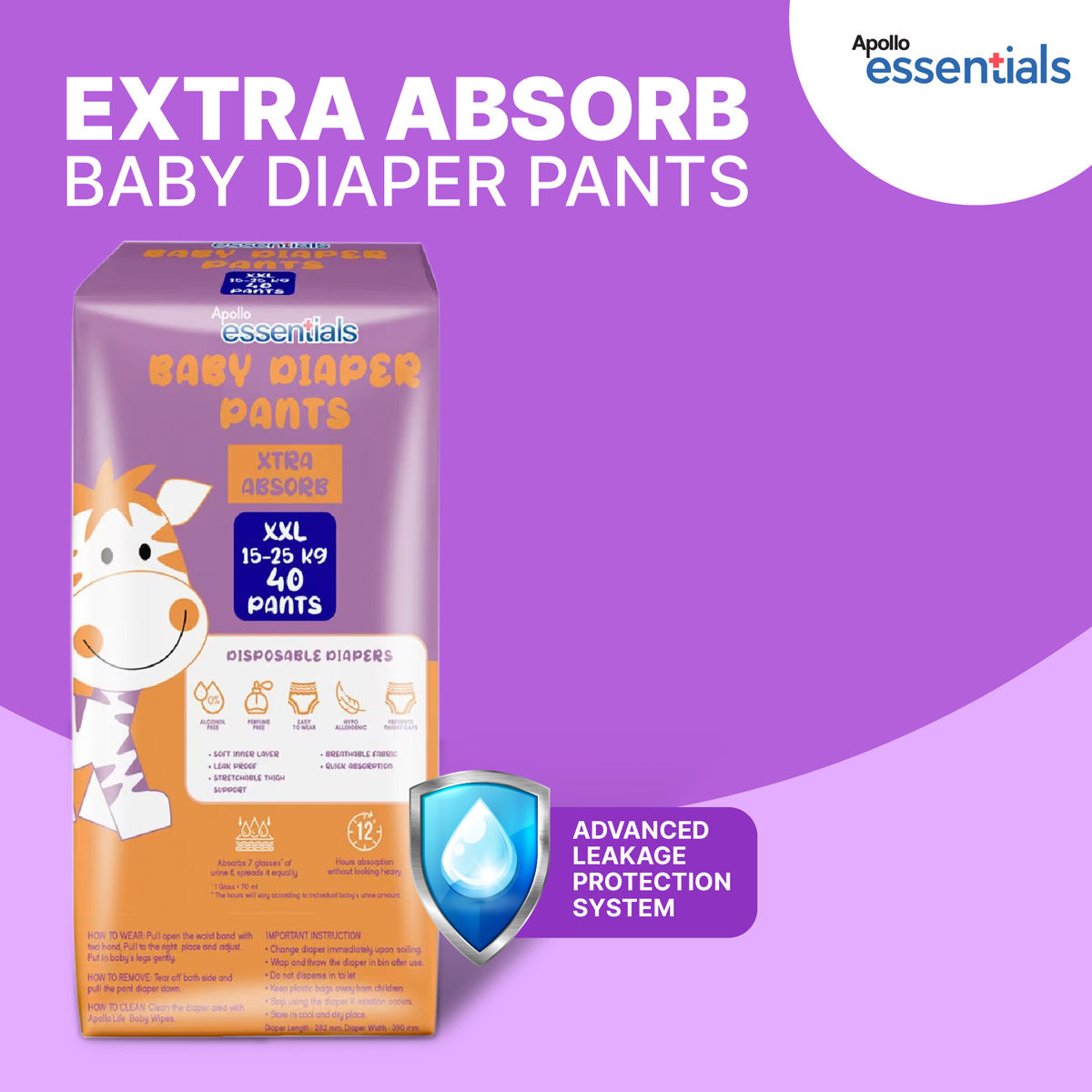 Apollo Essentials Extra Absorb Baby Diaper Pants XXL, 40 Count Price