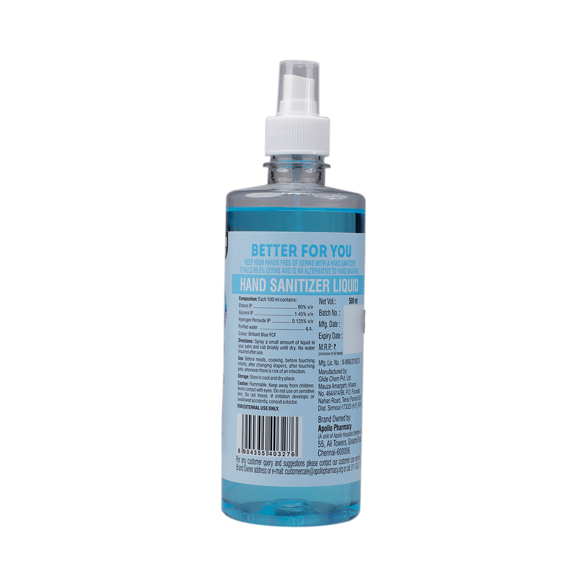 Apollo Life Hand Sanitizer Liquid Spray, 500 ml, Pack of 1 