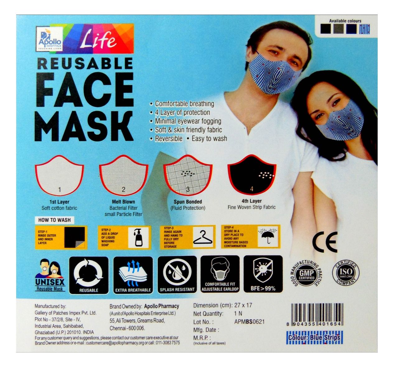 Apollo Life Reusable 4ply Blue Face Mask, 3 Count, Pack of 3 S