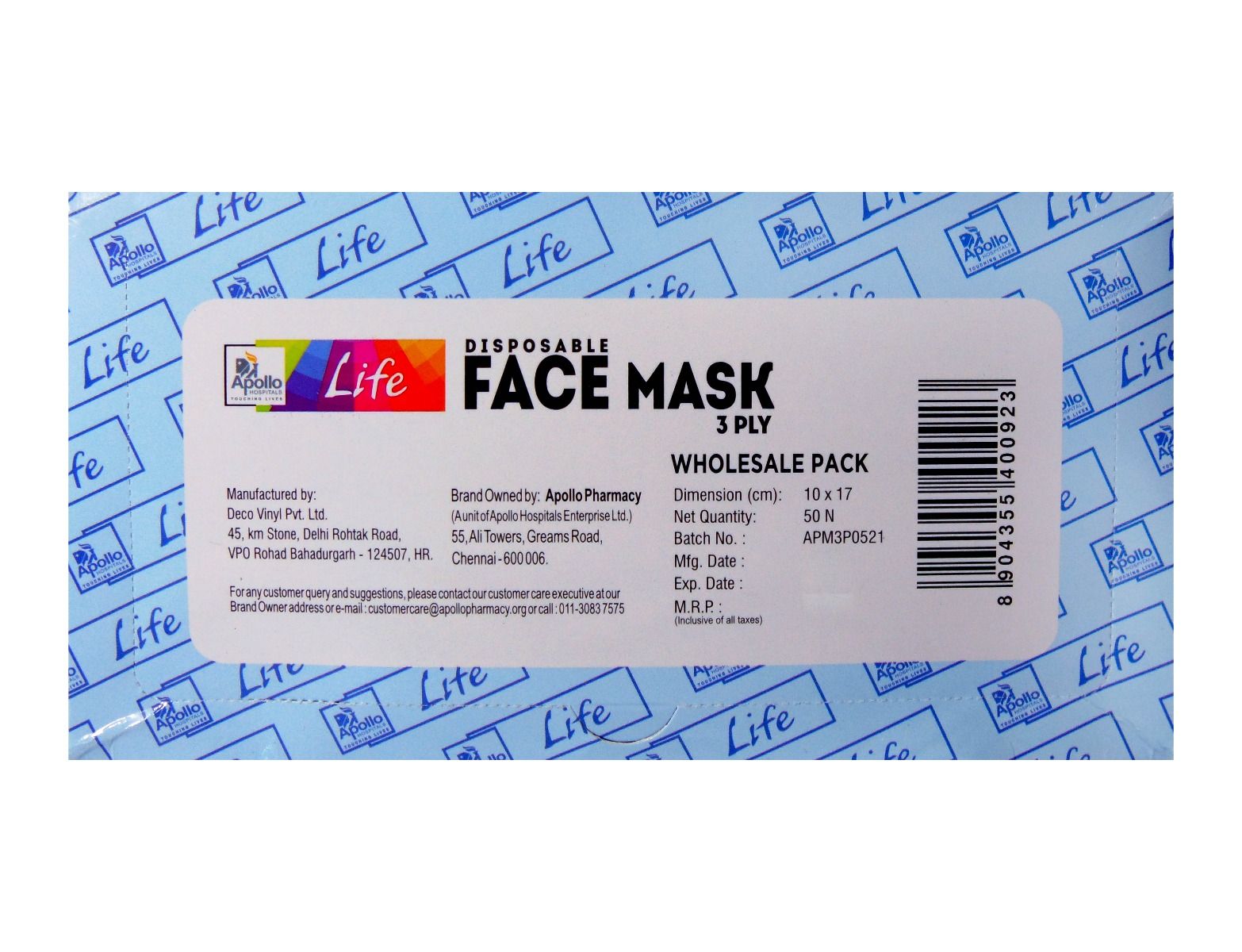 Apollo Life Disposable Face Mask 3 Ply, 50 Count, Pack of 50 S
