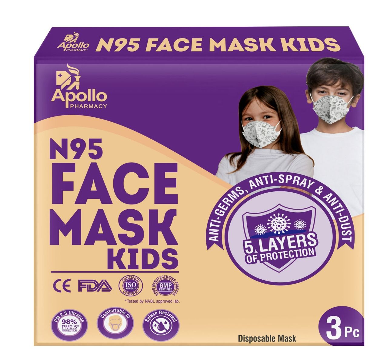 Buy Apollo Pharmacy N95 5 Layers Face Mask for Kids, 3 Count Online