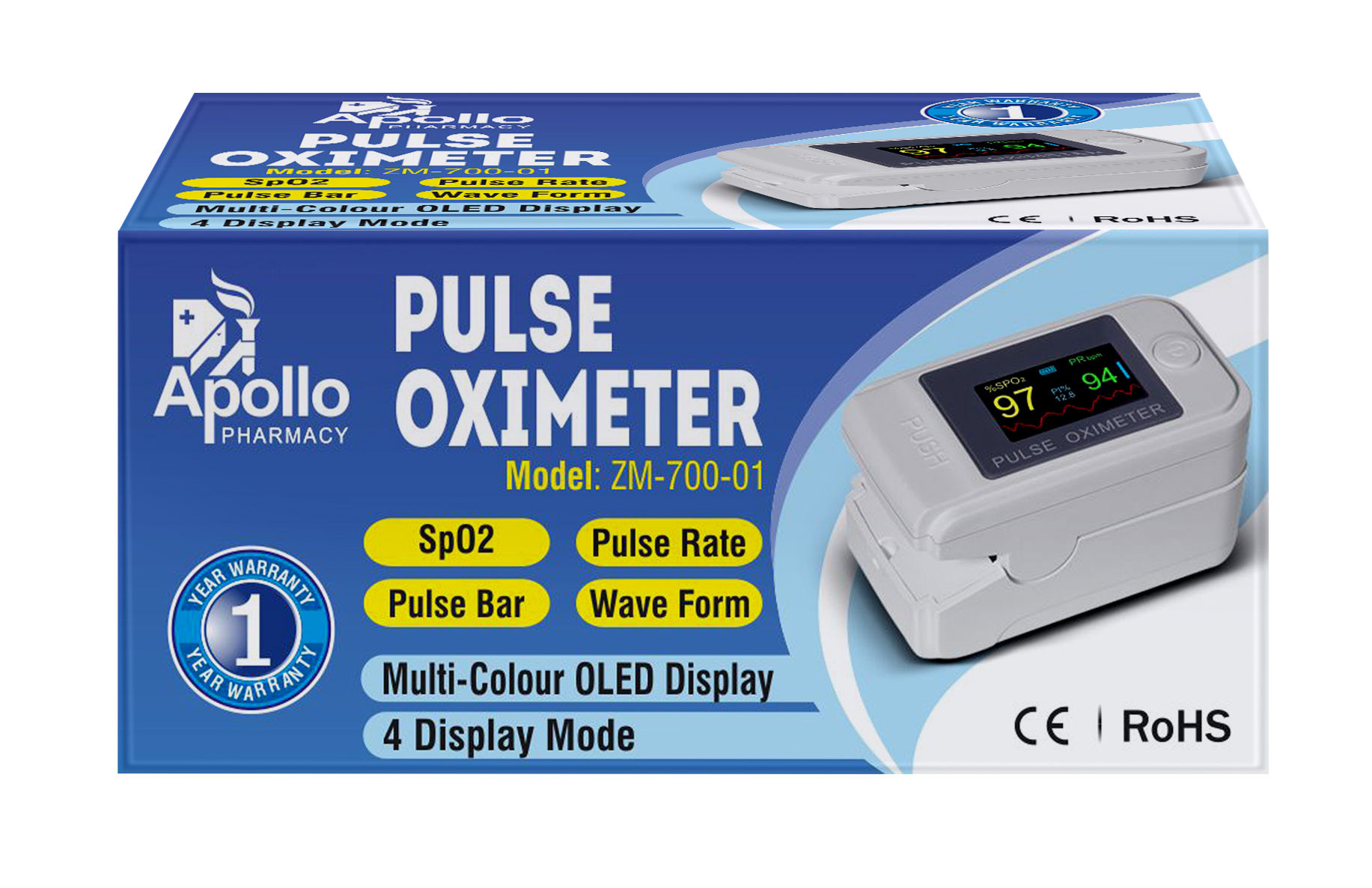 Apollo Pharmacy Pulse Oximeter ZM-700-01, 1 Count, Pack of 1 