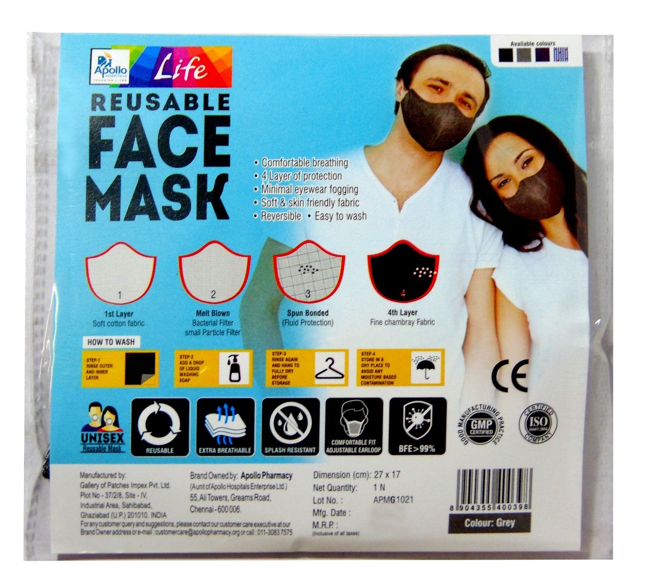 Buy Apollo Life Reusable 4ply Grey Face Mask, 3 Count Online