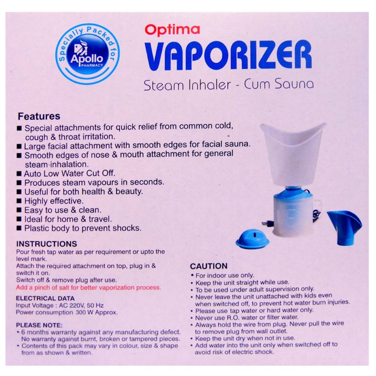 Apollo Pharmacy Optima Vaporizer Steam Inhaler, 1 Count, Pack of 1 