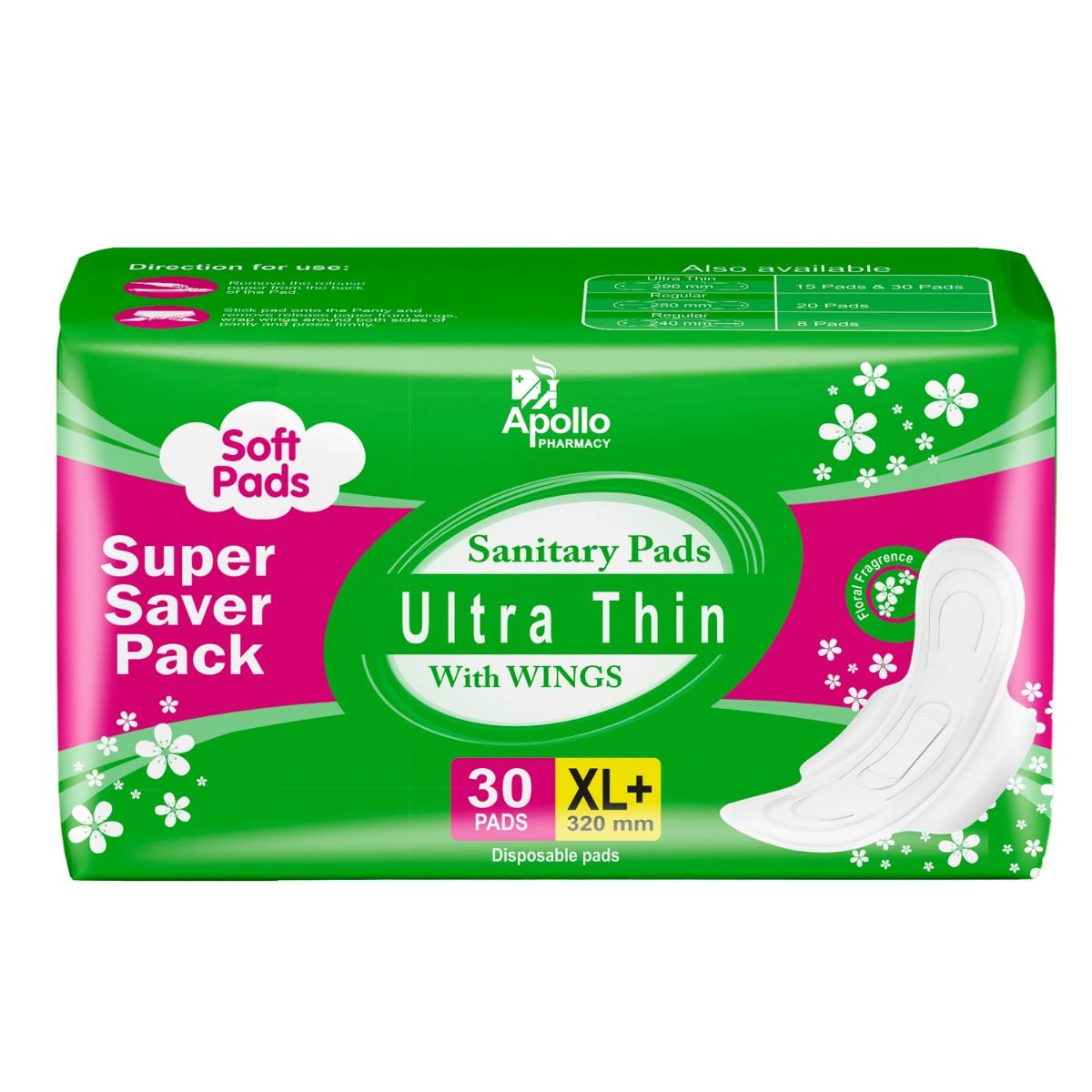 Apollo Pharmacy Ultrathin Sanitary Pads XL+ with Wings, 30 Count, Pack of 1 