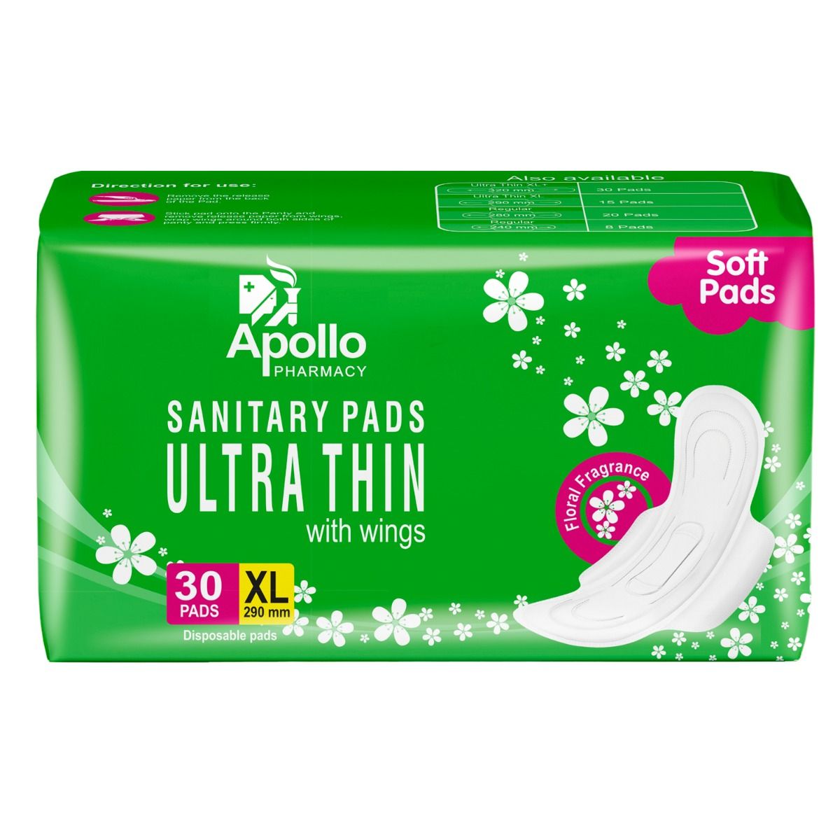 Apollo Pharmacy Ultrathin Sanitary Pads XL with Wings, 30 Count, Pack of 1 