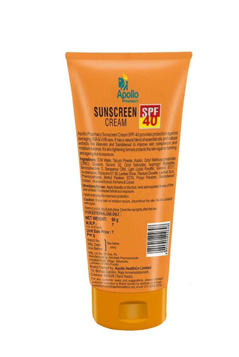 Apollo Pharmacy SPF 40 PA+++ Sunscreen Cream, 60 gm, Pack of 1 