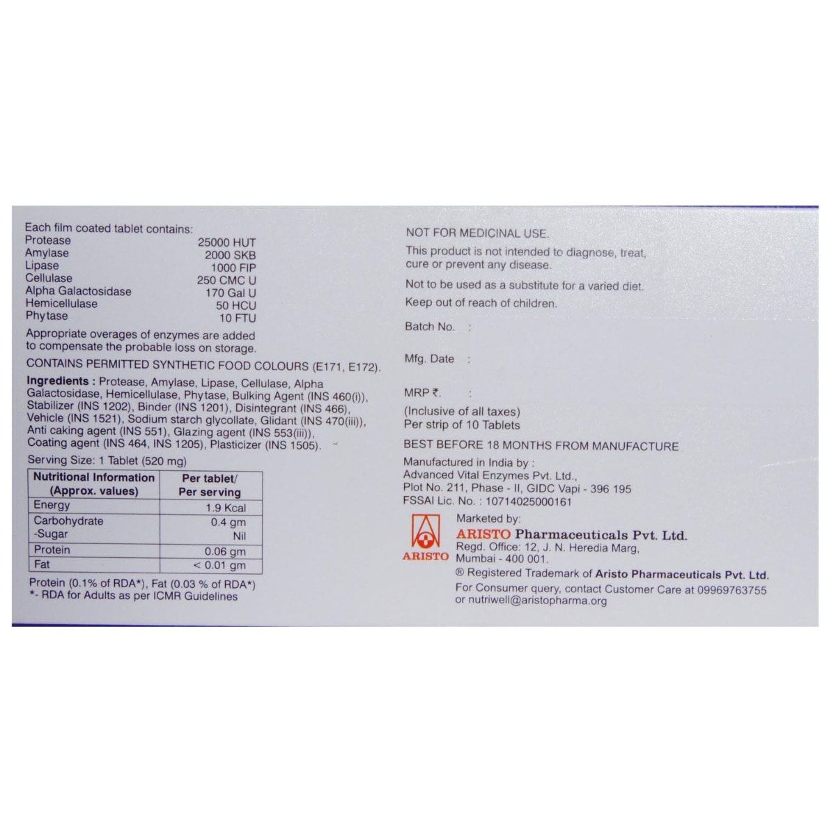 Aristozyme Gold Tablet 10's Price, Uses, Side Effects, Composition