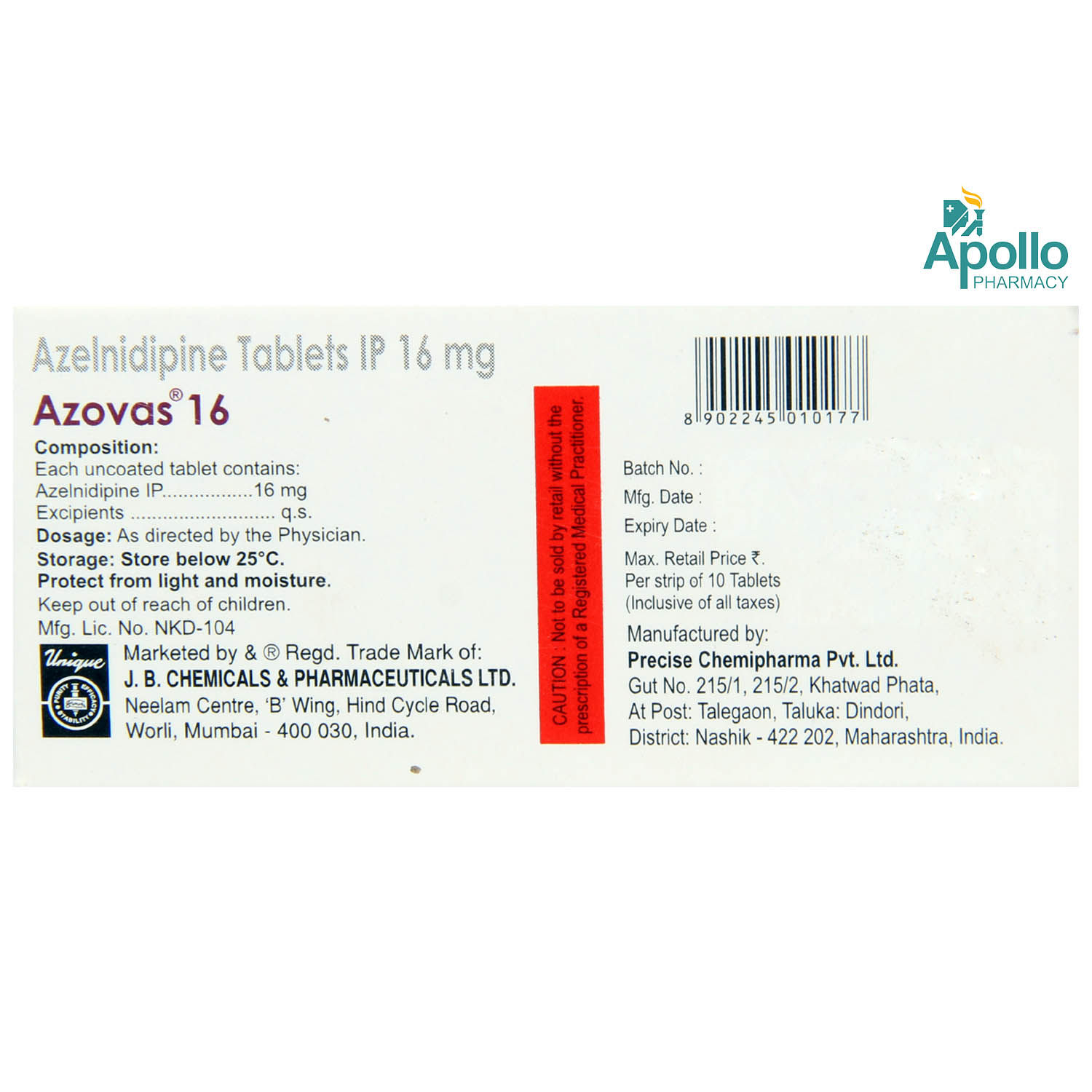 Azovas 16 Tablet 10's Price, Uses, Side Effects, Composition - Apollo ...