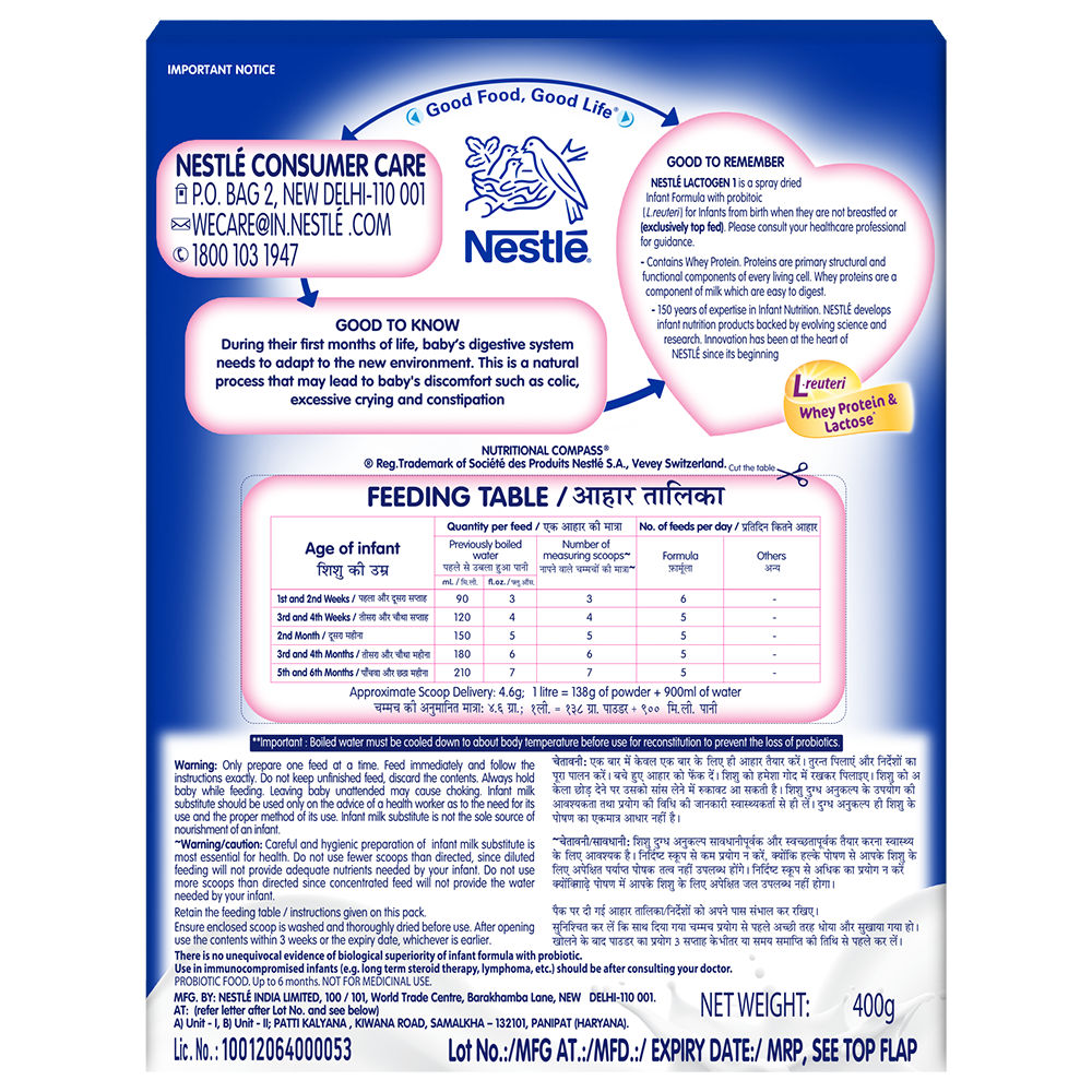 Nestle Lactogen Infant Formula Stage 1 (Up to 6 Months) Powder, 400 gm Refill Pack, Pack of 1 