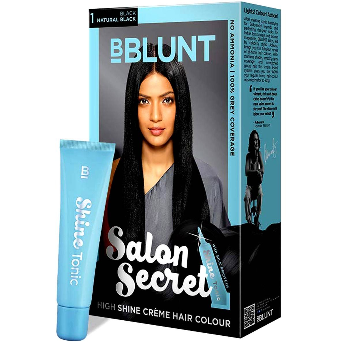 Buy BBLUNT Salon Secret High Shine Creme Hair Colour , Black Natural Black 1, 100 gm with Shine Tonic, 8 ml Online