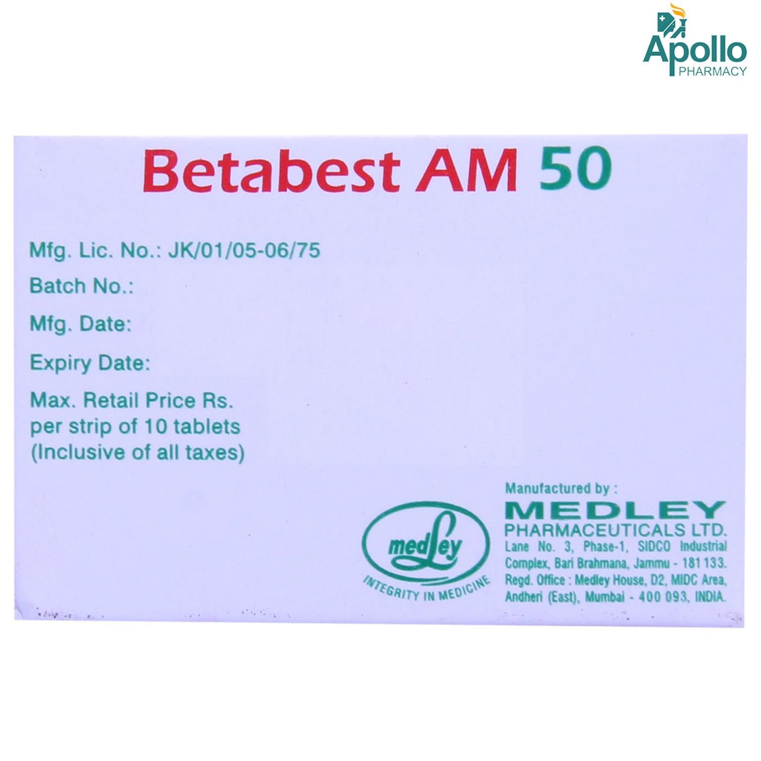 Betabest AM 50 Tablet 10's Price, Uses, Side Effects, Composition ...