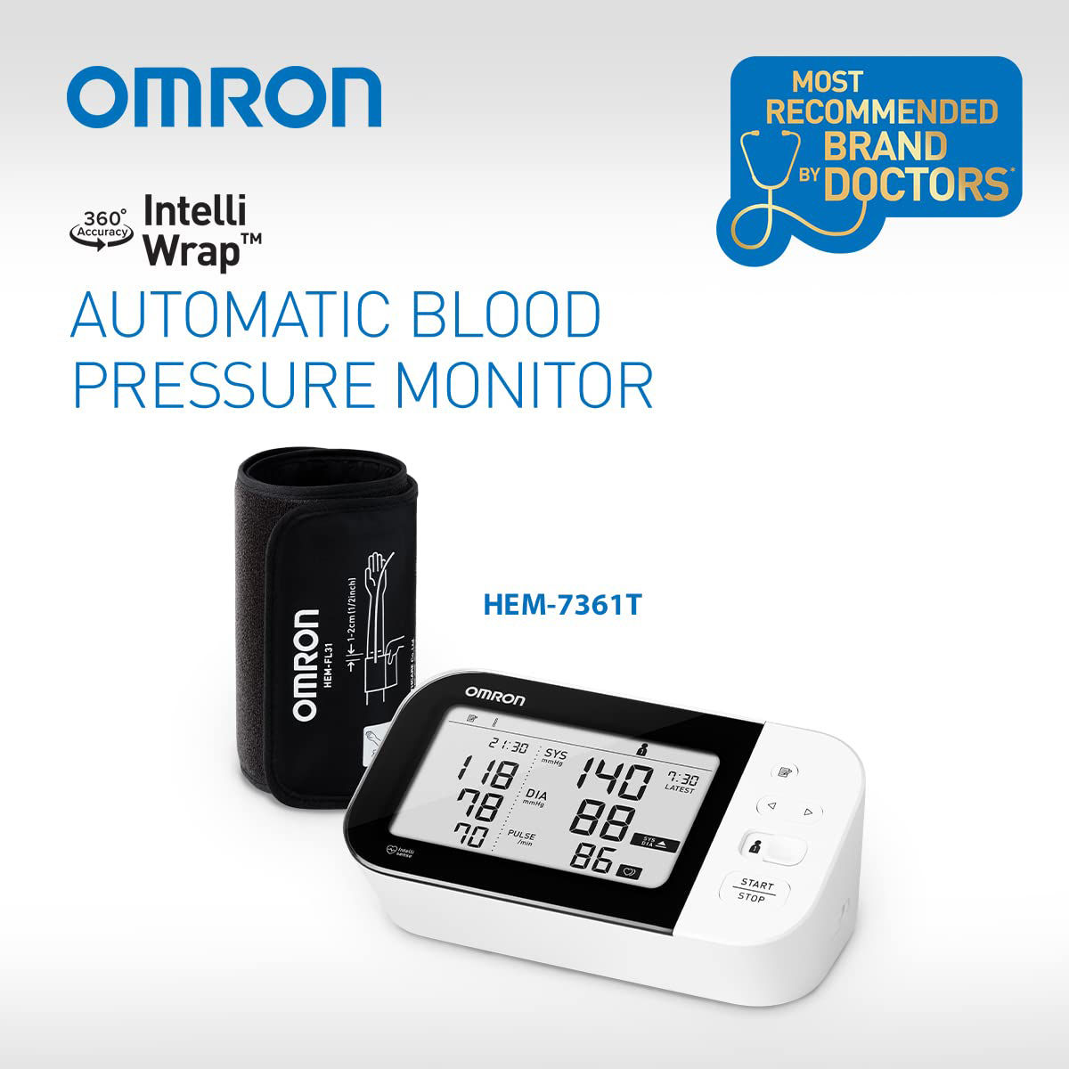 Omron HEM 7361T Bluetooth Digital Blood Pressure Monitor with AFib Indicator, 1 Count, Pack of 1 