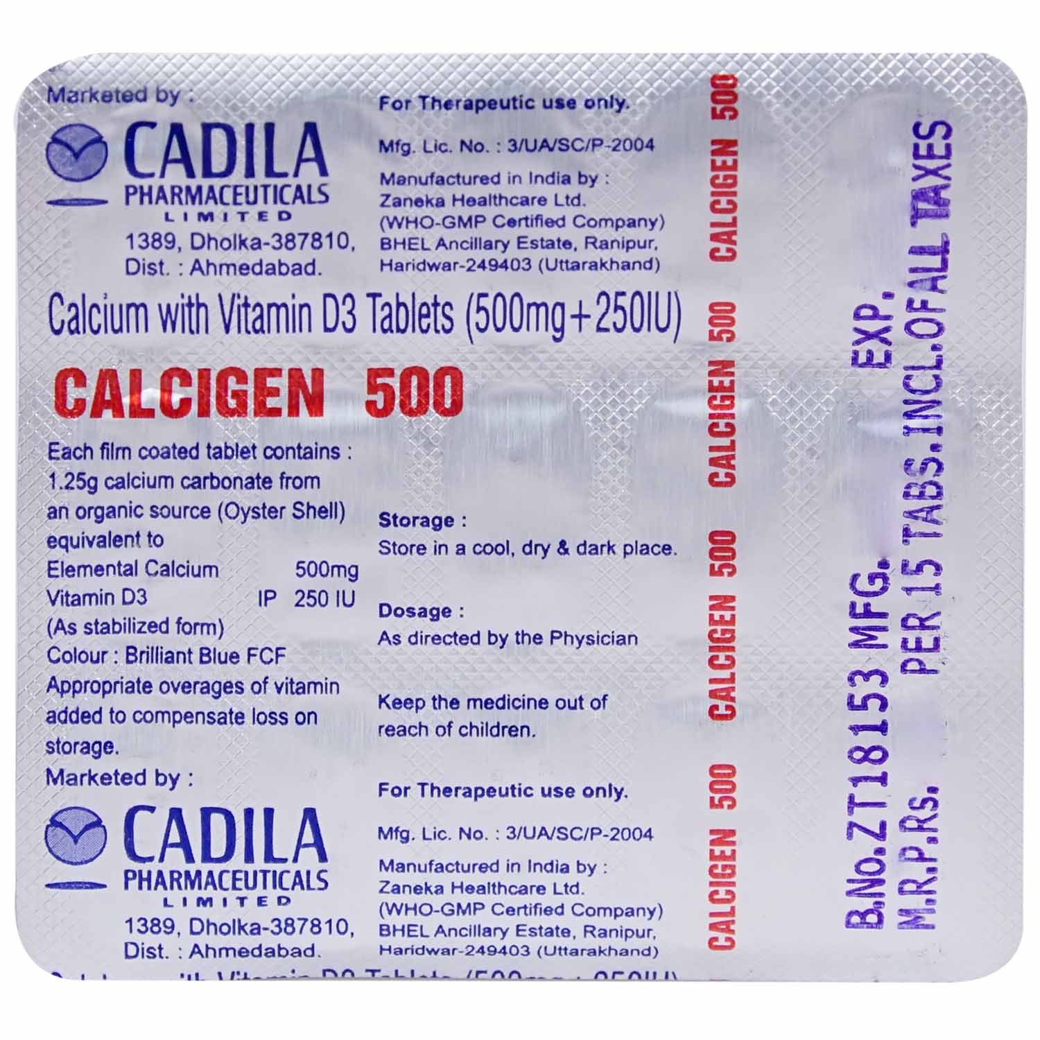 Calcigen 500 Tablet 15's Price, Uses, Side Effects, Composition