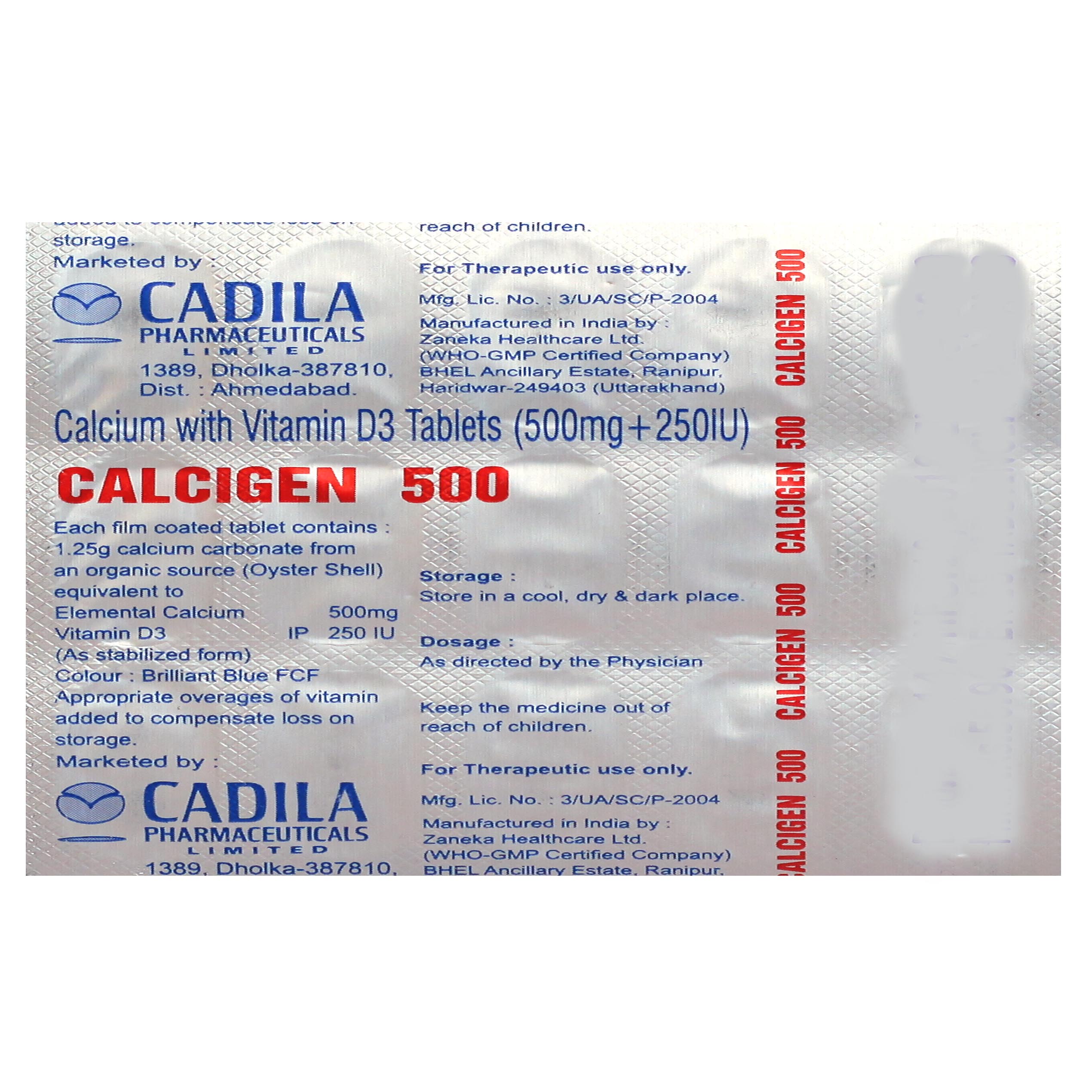 Calcigen 500 Tablet 15's Price, Uses, Side Effects, Composition