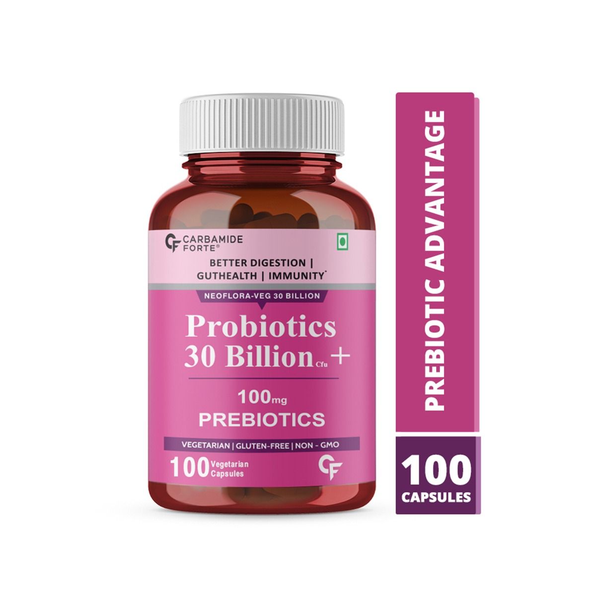 Carbamide Forte Probiotics 30 Billion + 100mg Prebiotics Vegetarian Capsules, 100 Count, Pack of 1 