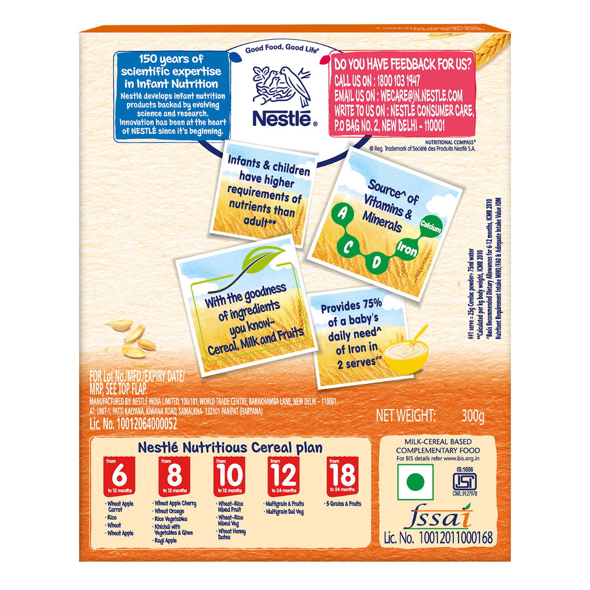 Nestle Cerelac Wheat Orange Baby Cereal, 8 to 12 Months, 300 gm Refill Pack, Pack of 1 