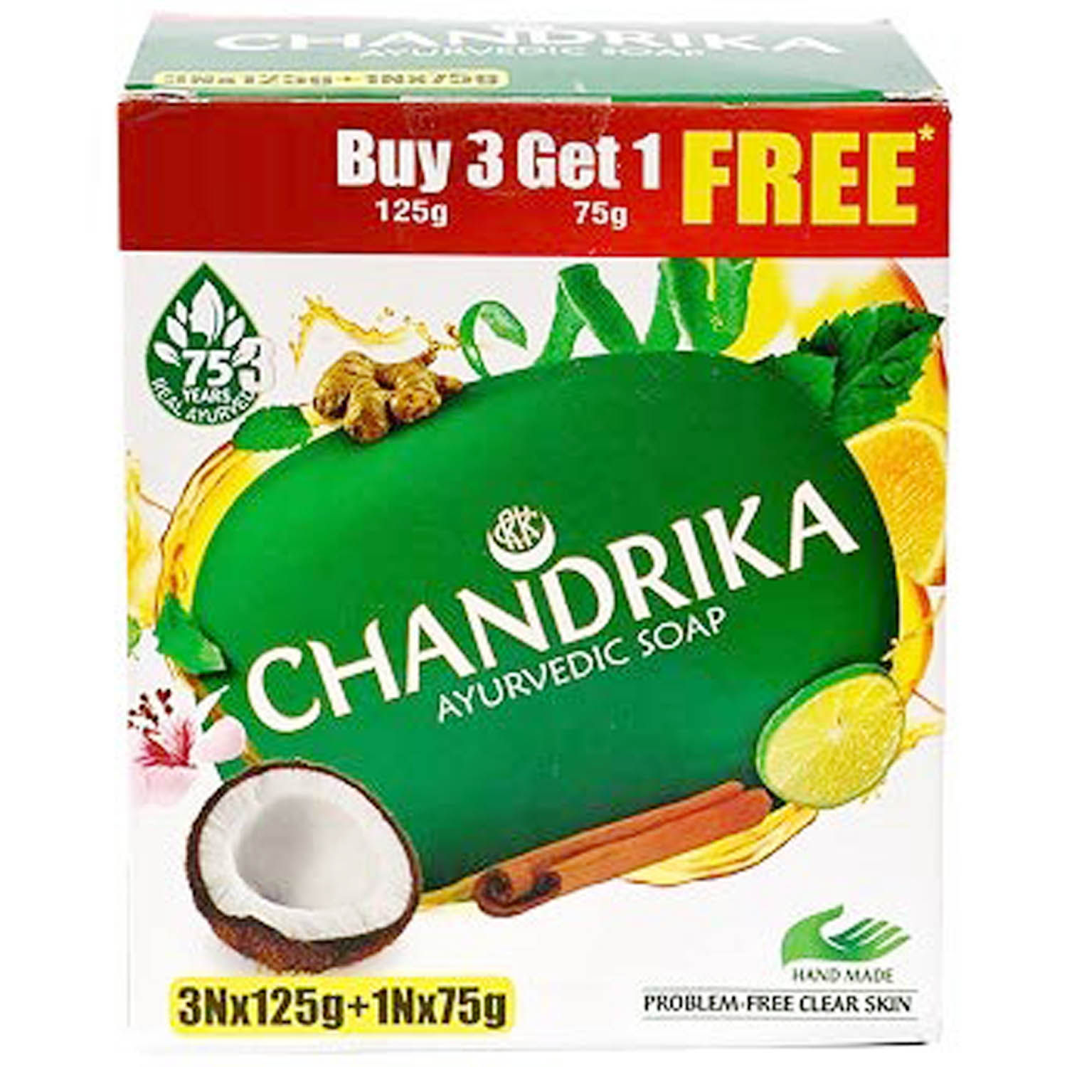 Buy Chandrika Ayurvedic Soap, 450 gm (3 x 125 gm) With one Free 75 gm Soap Online