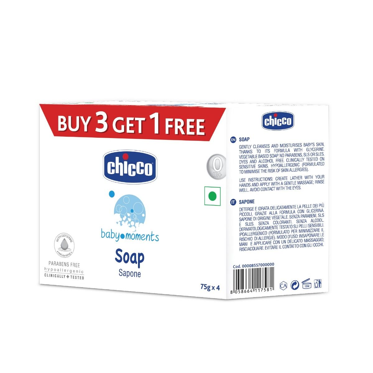 Chicco Baby Moments Soap, 75 gm (Buy 3, Get 1 Free), Pack of 1 