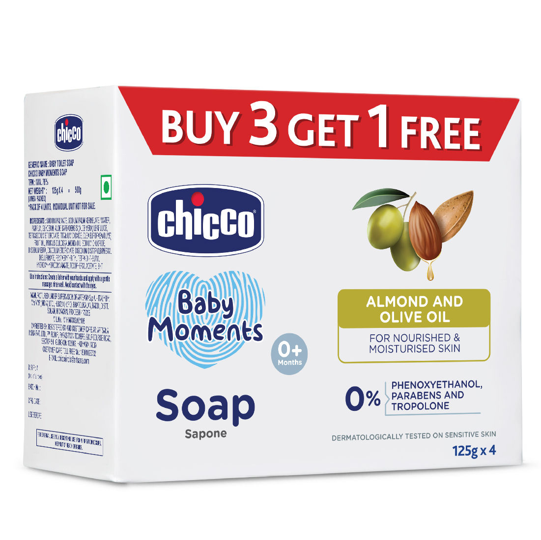 Chicco Baby Moments Soap, 125 gm (Buy 3, Get 1 Free), Pack of 1 