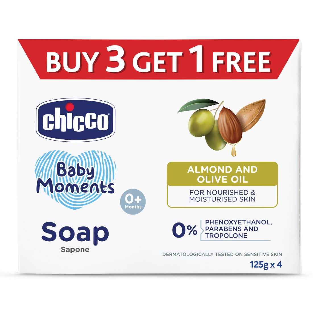 Chicco Baby Moments Soap, 125 gm (Buy 3, Get 1 Free), Pack of 1 