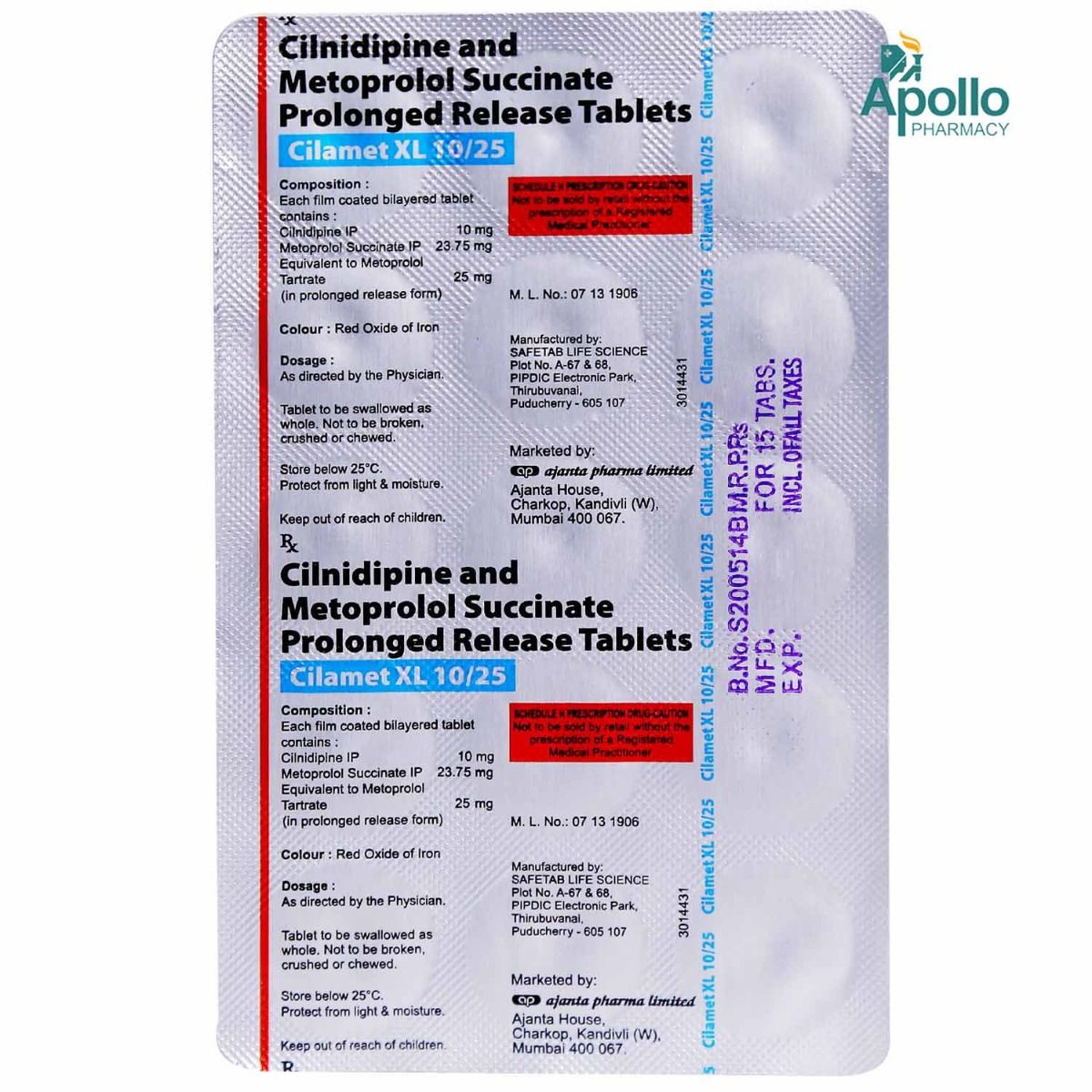 Cilamet XL 10/25 Tablet 15's Price, Uses, Side Effects, Composition