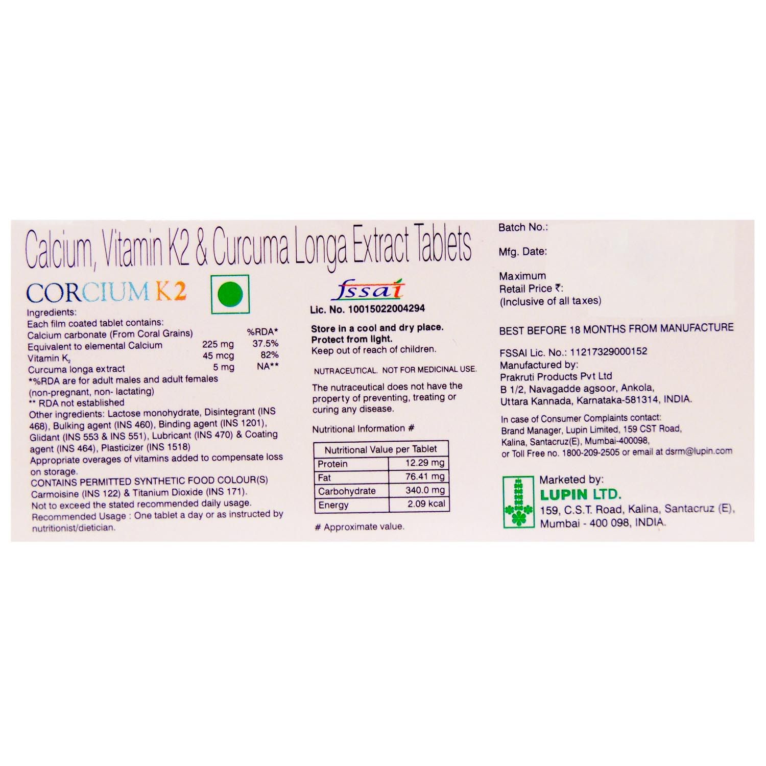 corcium k2 tablet 10 s