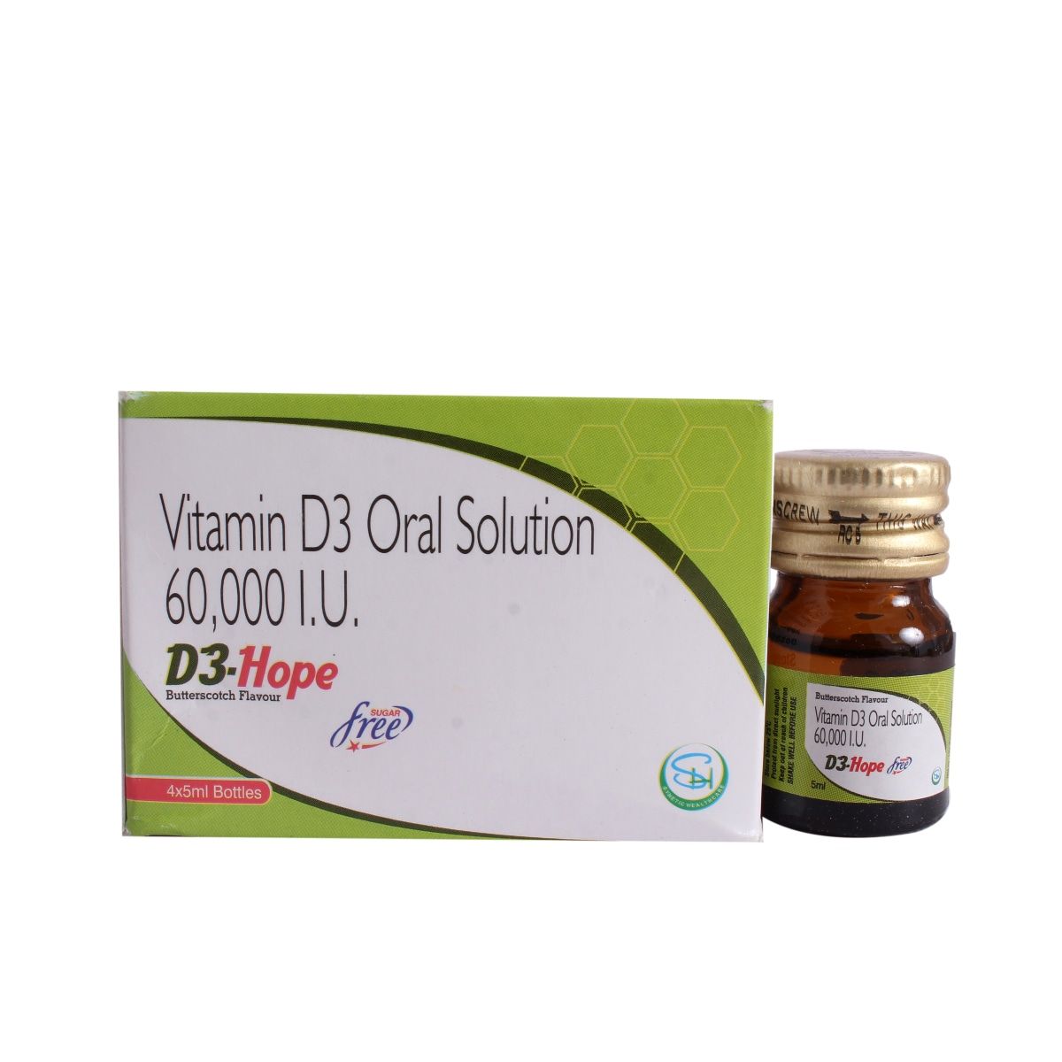 D3-Hope 60K Sugar Free Butterscotch Flavour Oral Solution 5 ml, Pack of 1 SOLUTION