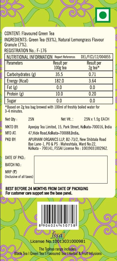 Ty.phoo Uplifting Green Tea Lemongrass Bags, 25 Count, Pack of 1 