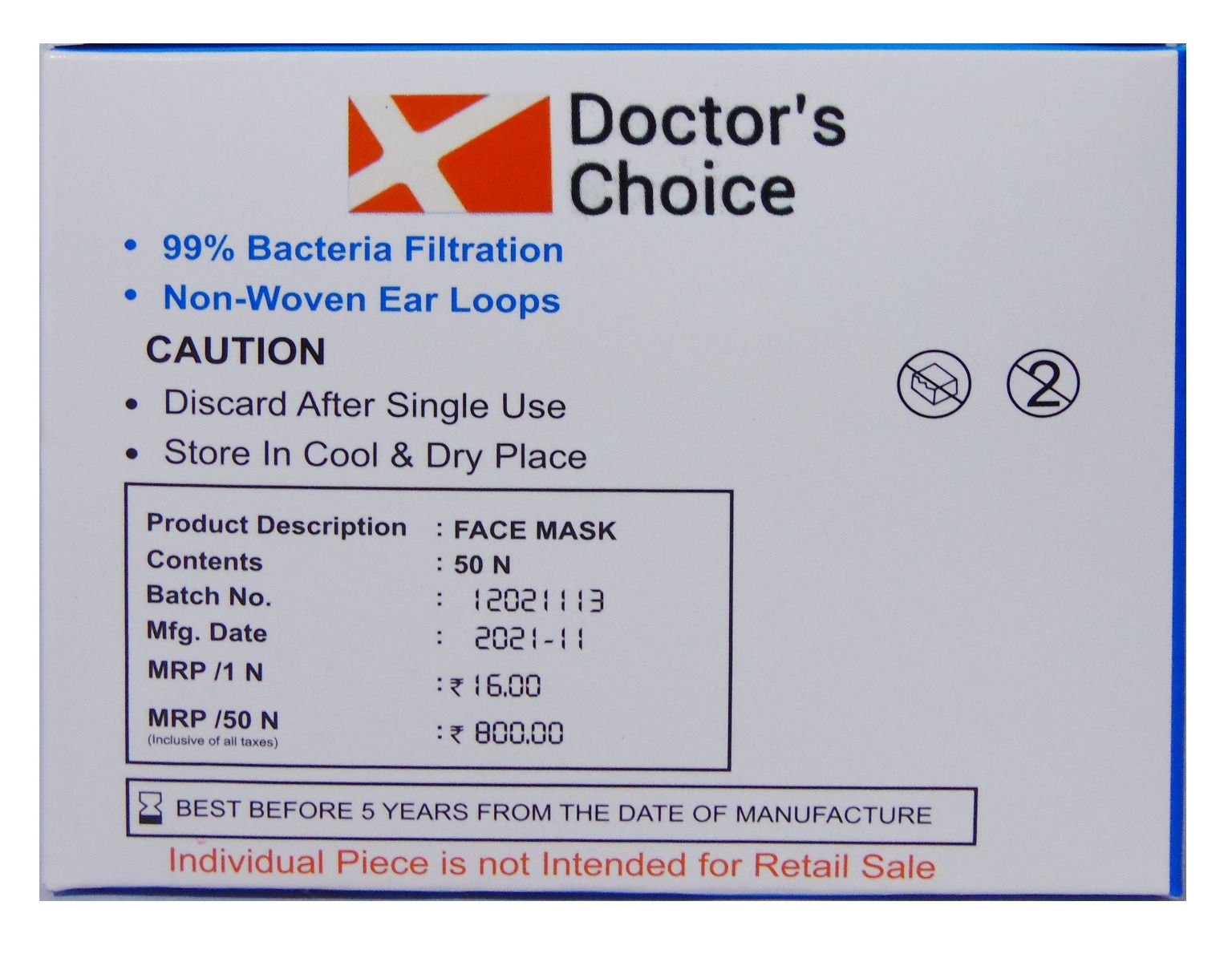 Doctor's Choice 3 Layer Loop Face Mask, 50 Count, Pack of 50 S