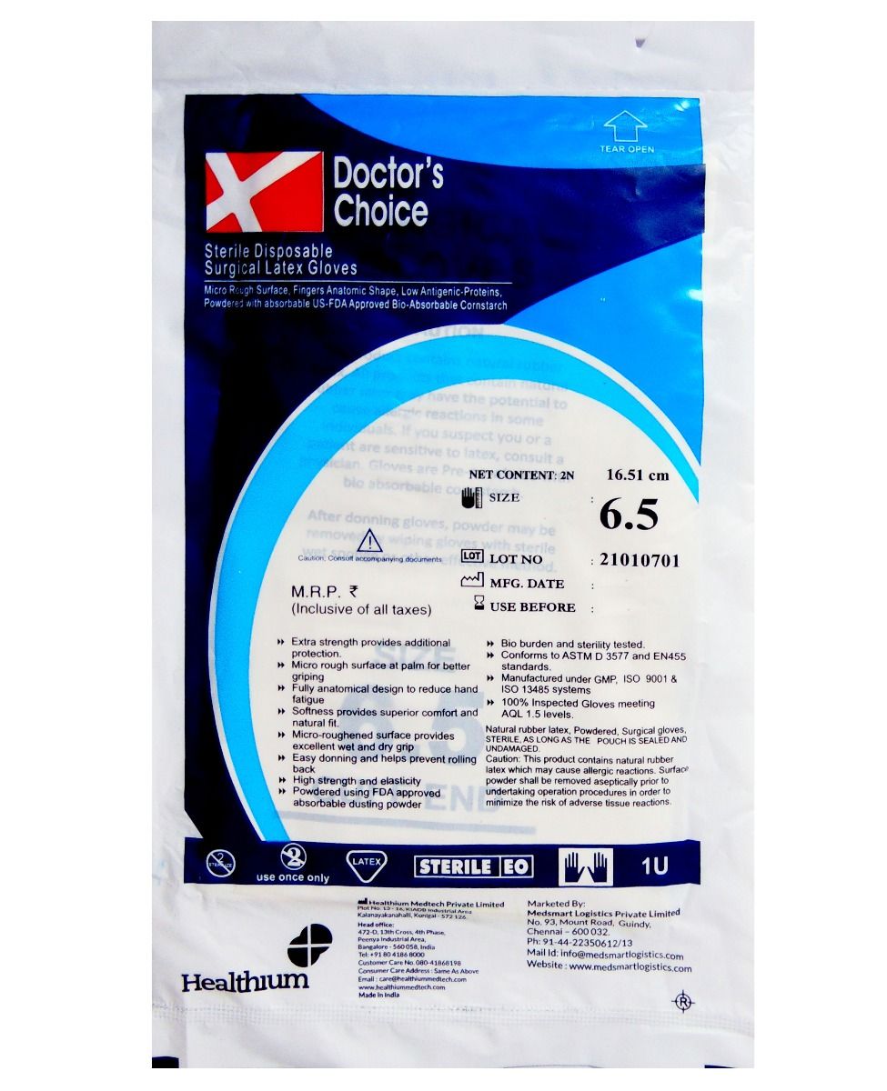 Doctors Choice Sterile Disposable Surgical Latex Gloves Size-6. 5, 1 Pair, Pack of 1 