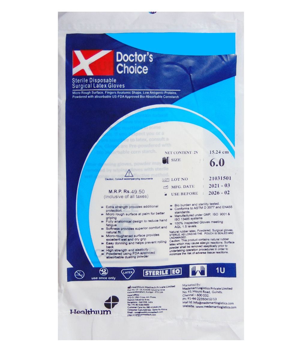Buy Doctor's Choice Sterile Disposable Surgical Latex Gloves Size-6.0, 1 Pair Online
