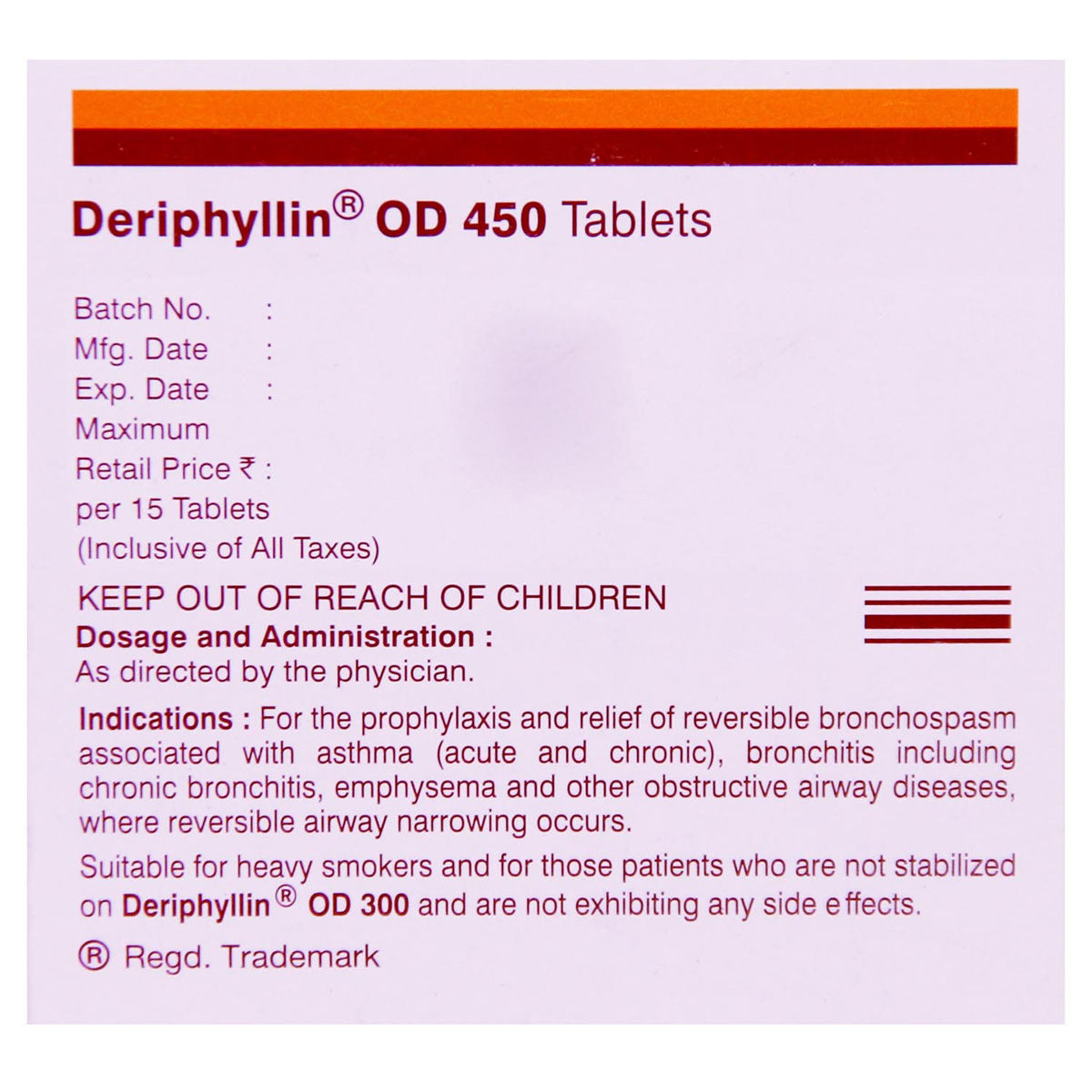 Deriphyllin OD 450 Tablet 15's, Pack of 15 TABLETS