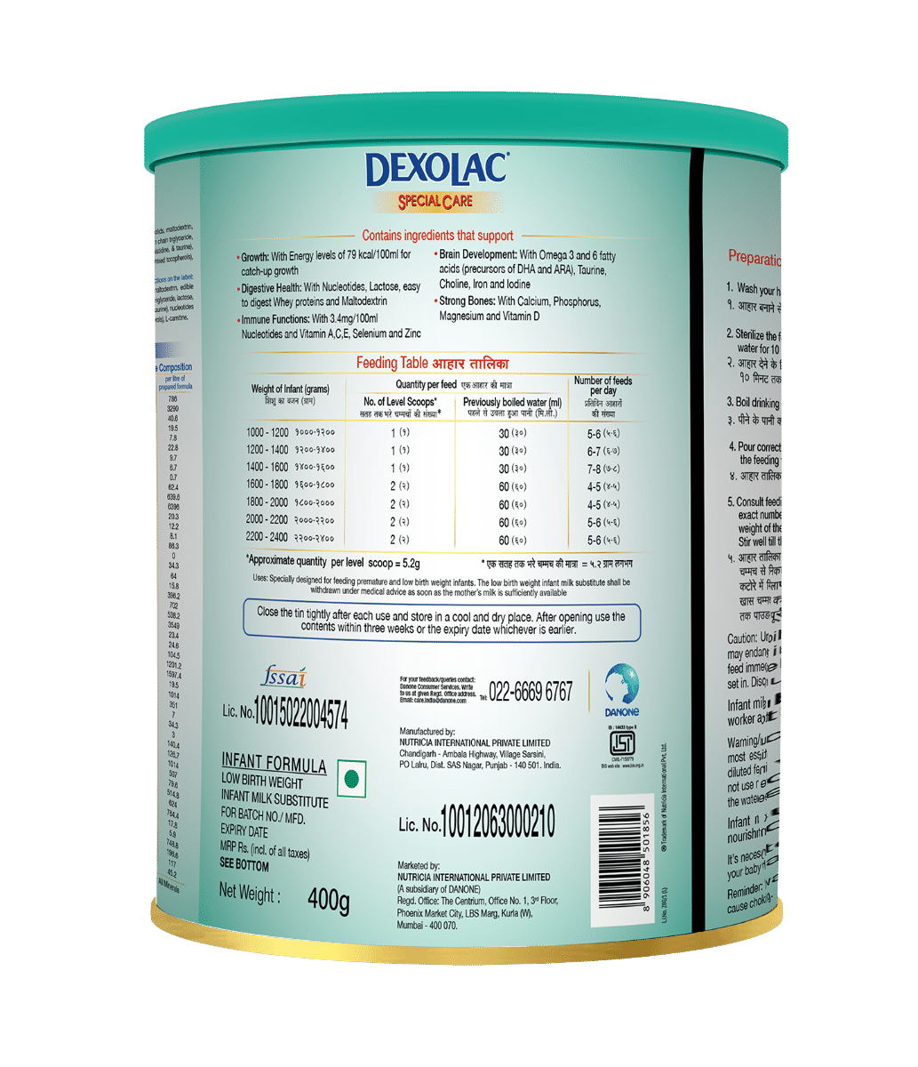 Dexolac Special Care Infant Formula, Premature Baby (Born Before 37 Weeks), 400 gm Tin, Pack of 1 