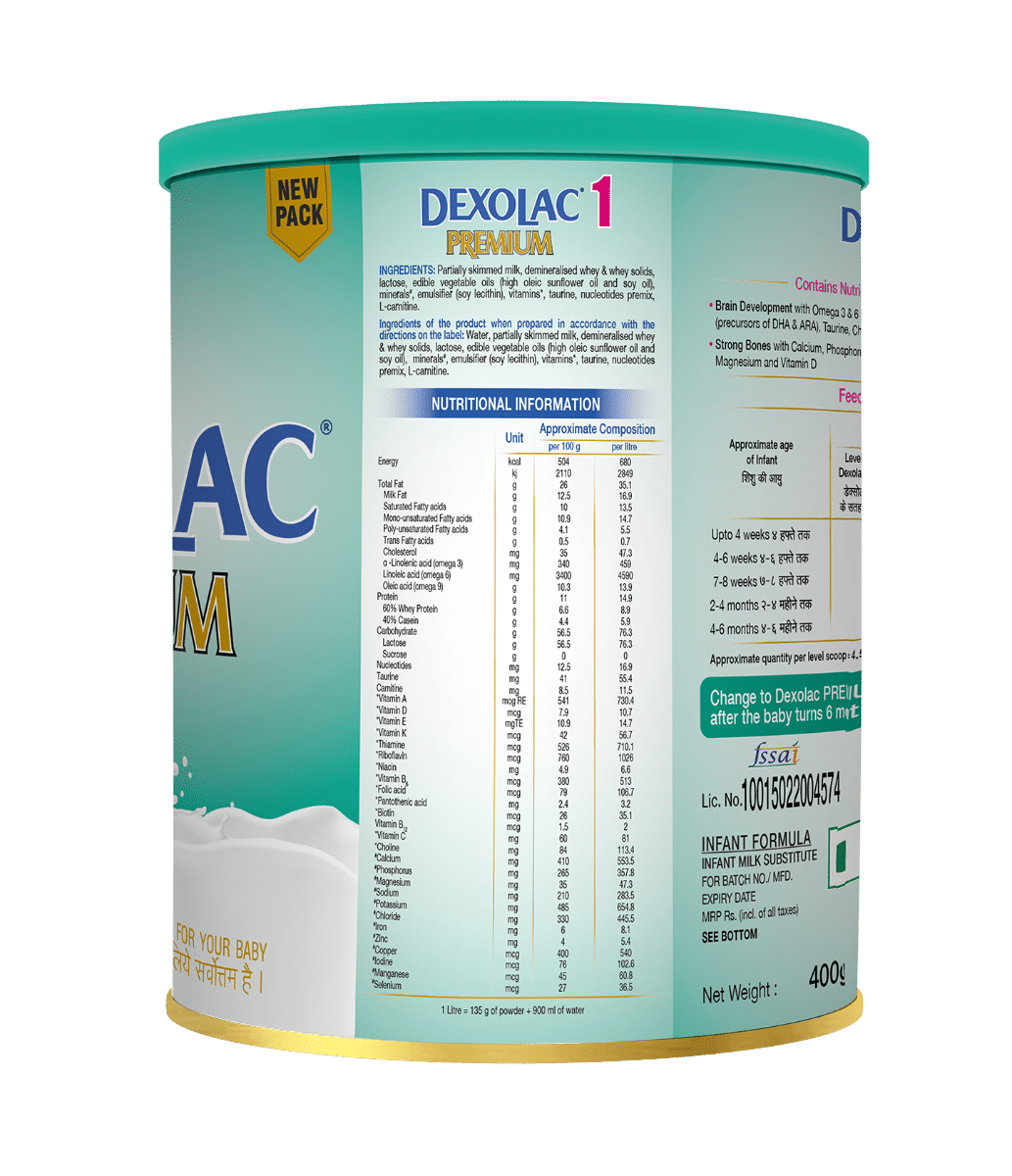 Dexolac Premium Infant Formula, Stage 1, Up to 6 Months, 400 gm Tin, Pack of 1 