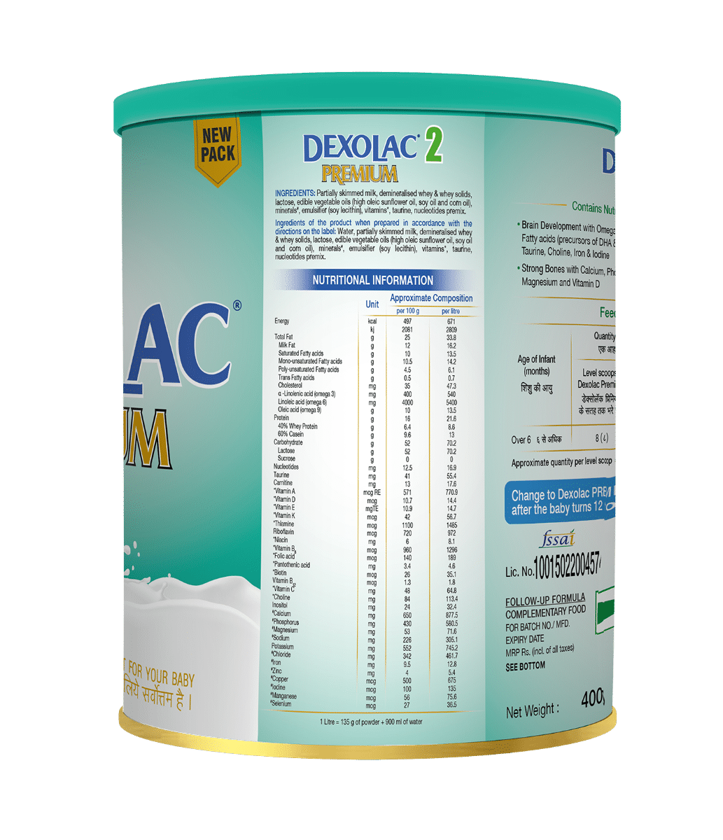 Dexolac Premium Infant Formula Stage 2 Powder (After 6 Months), 400 gm, Pack of 1 