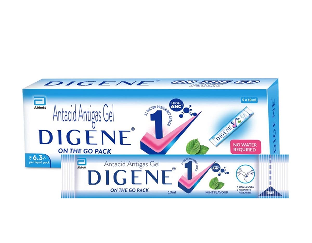 Digene On The Go Pack Mint Flavour Antacid Antigas Gel, 2x5 packs, Pack of 2 GELS