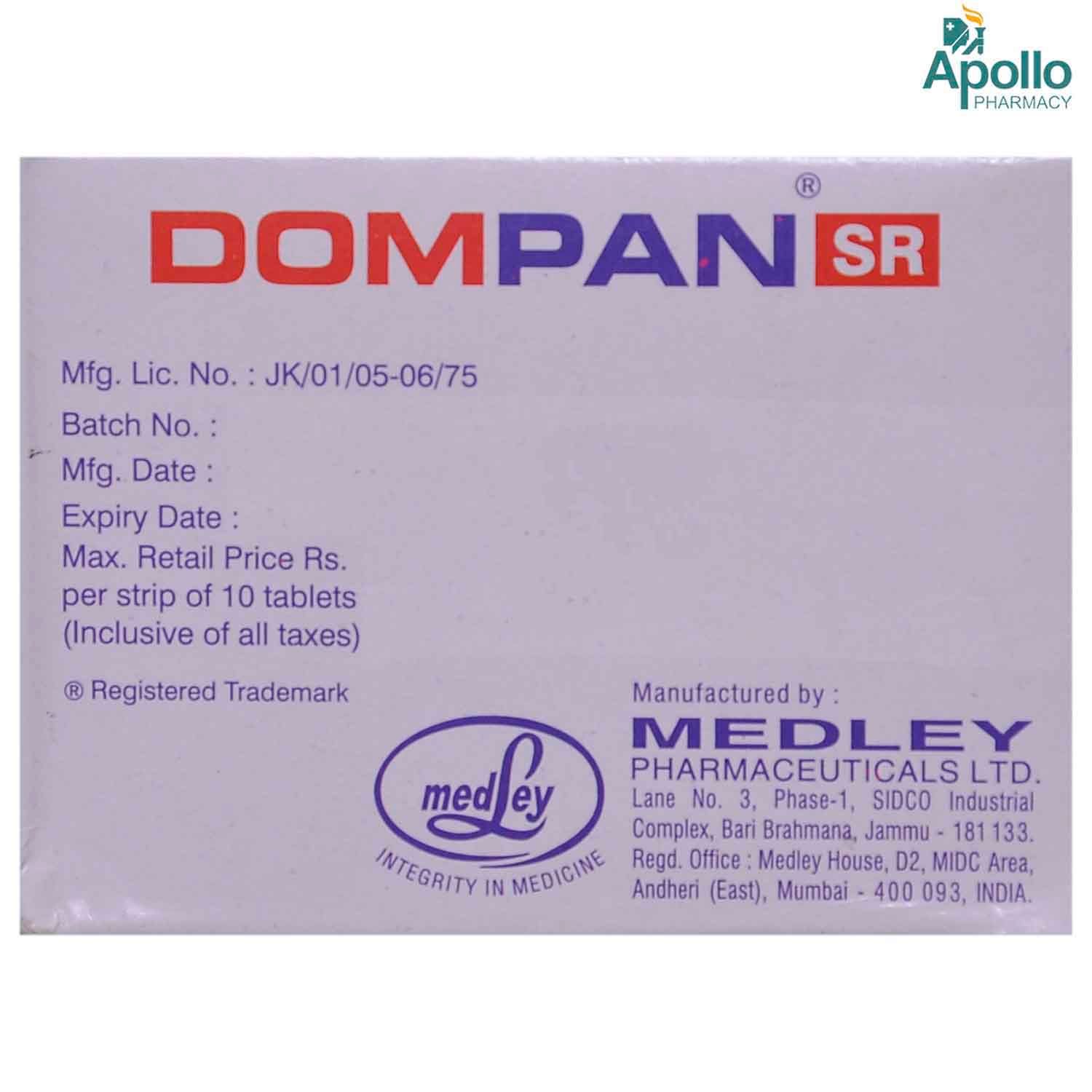 Dompan SR Tablet 10's Price, Uses, Side Effects, Composition Apollo