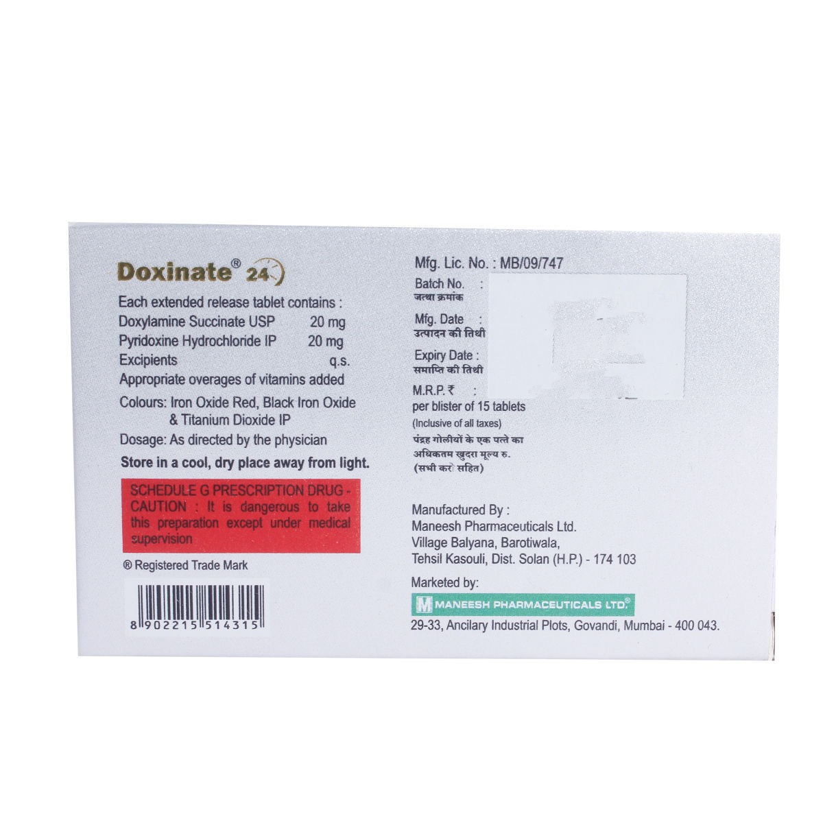 Doxinate 24 Tablet 15's Price, Uses, Side Effects, Composition Apollo