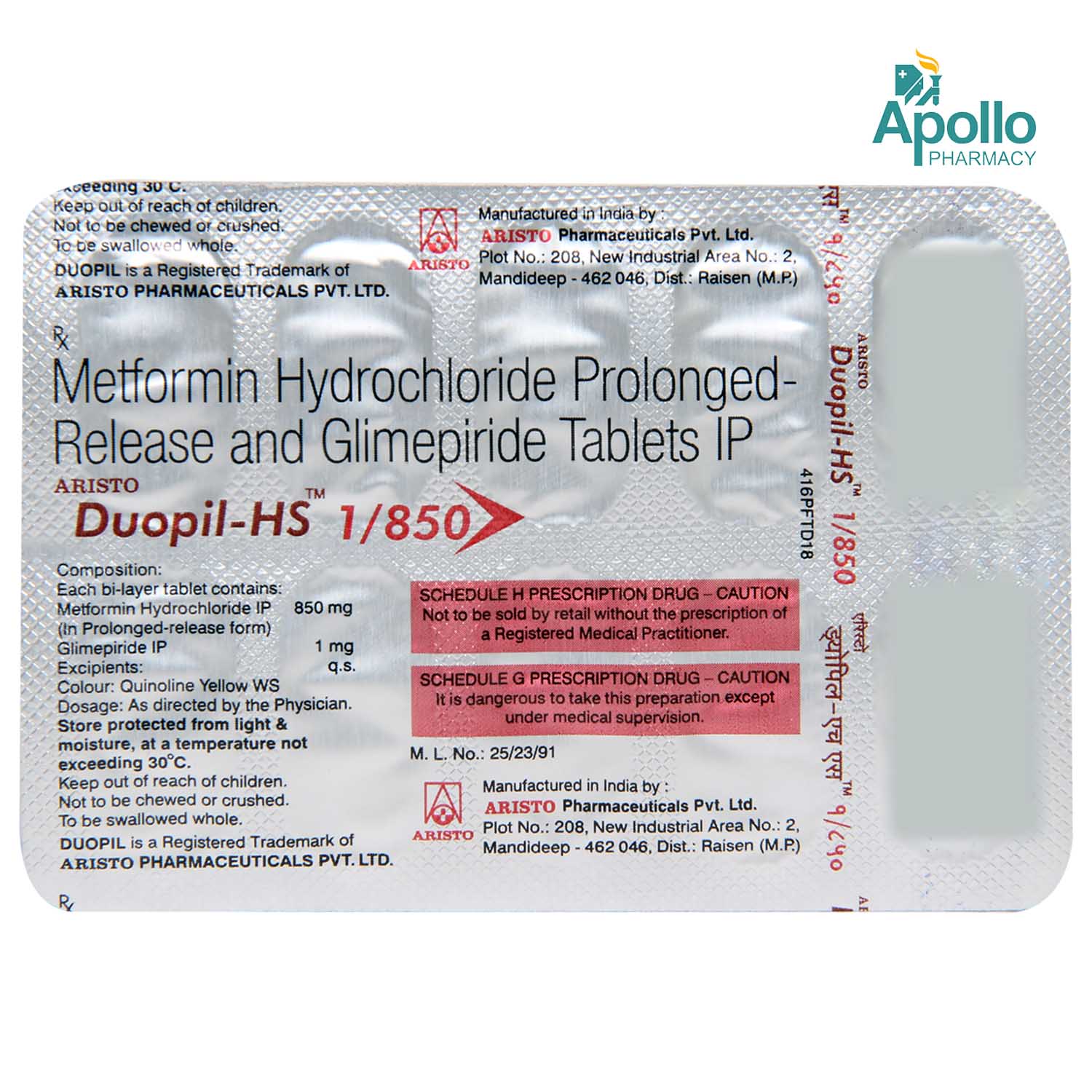 DUOPIL HS 1/850MG TABLET, Pack of 10 TABLETS