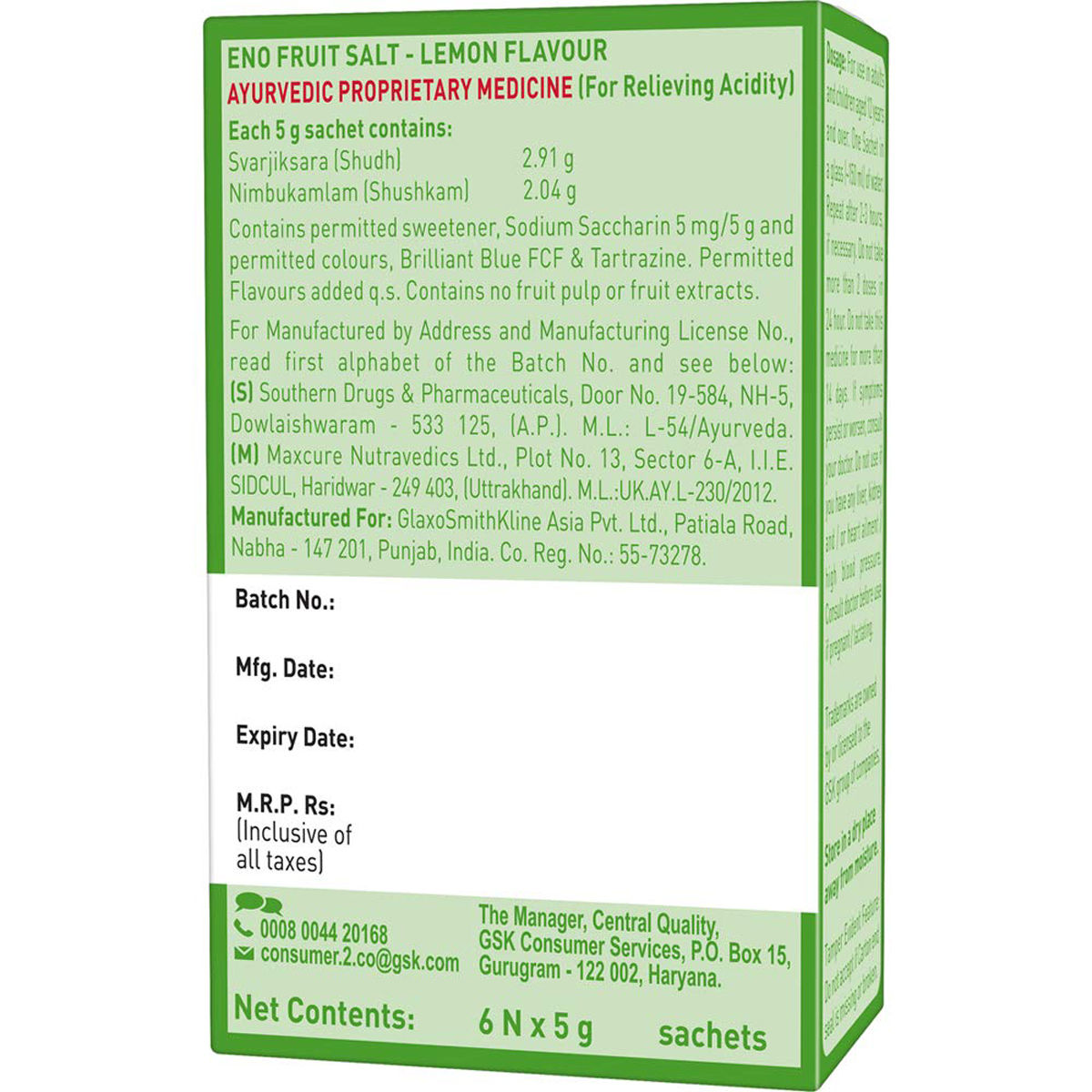 ENO Fruit Salt Lemon Flavour Powder, 30 gm (6 sachets x 5 gm) Price