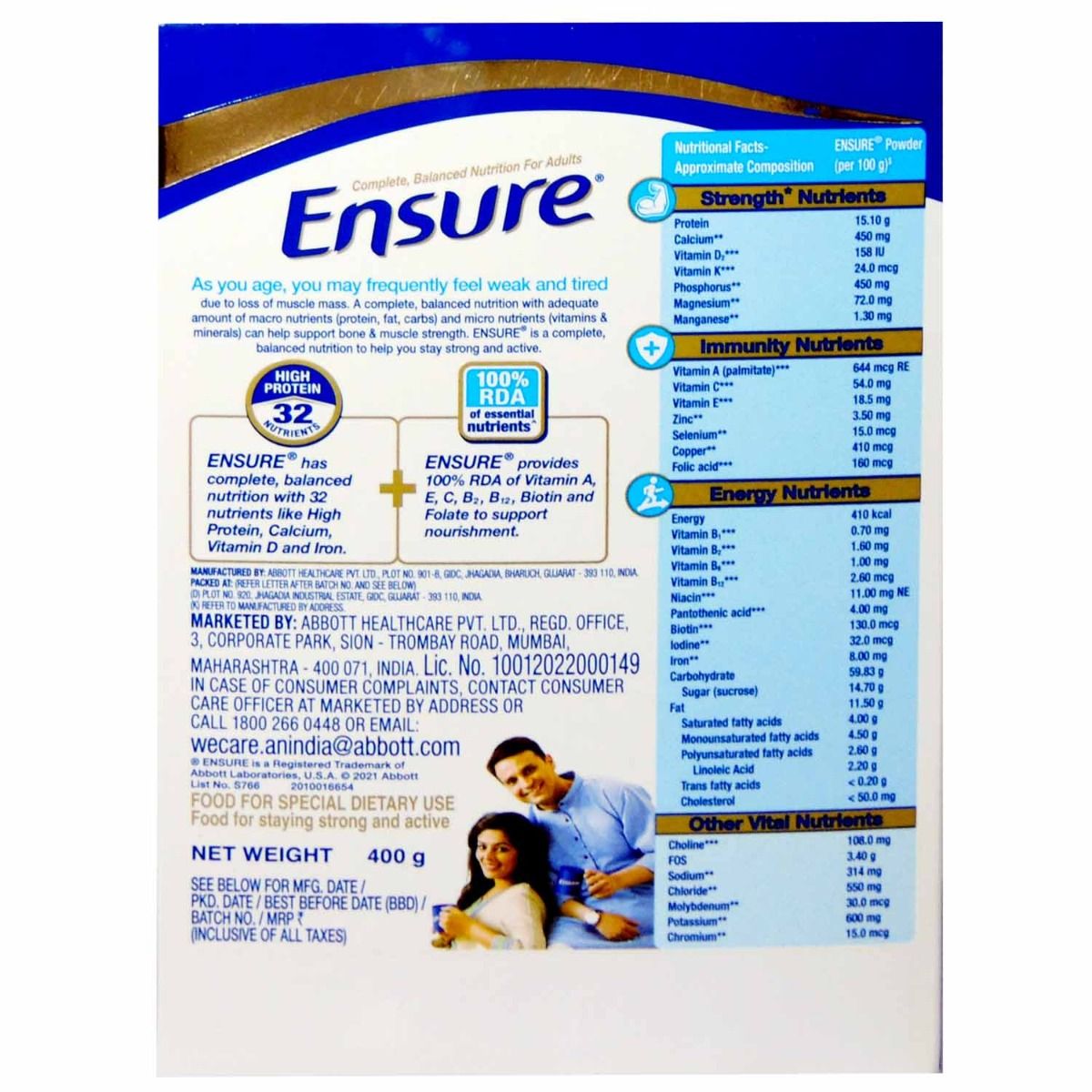 Ensure Vanilla Flavoured Powder, 400 gm Refill Pack, Pack of 1 