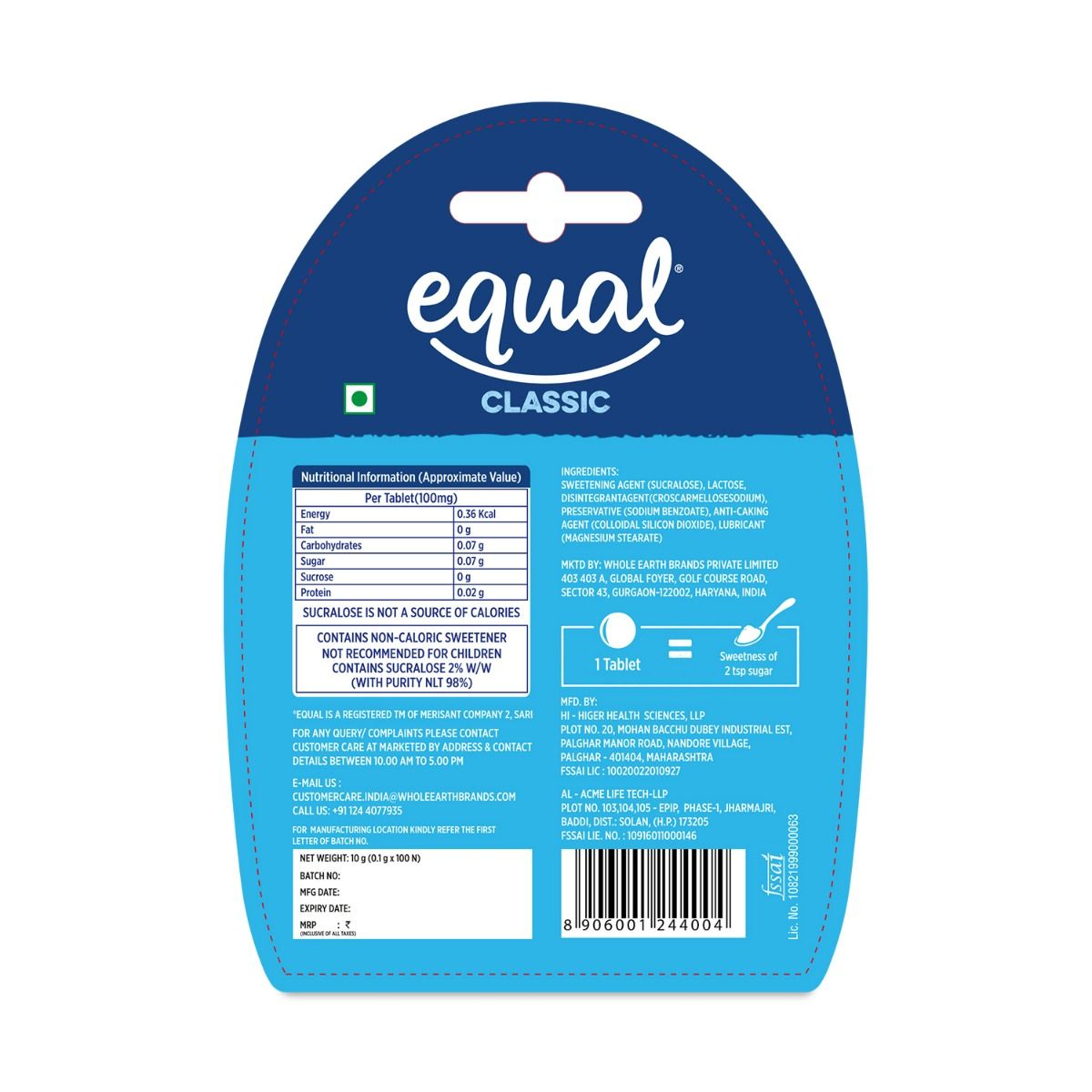 Equal Classic Zero Calorie Sweetener, 100 Tablets, Pack of 1 