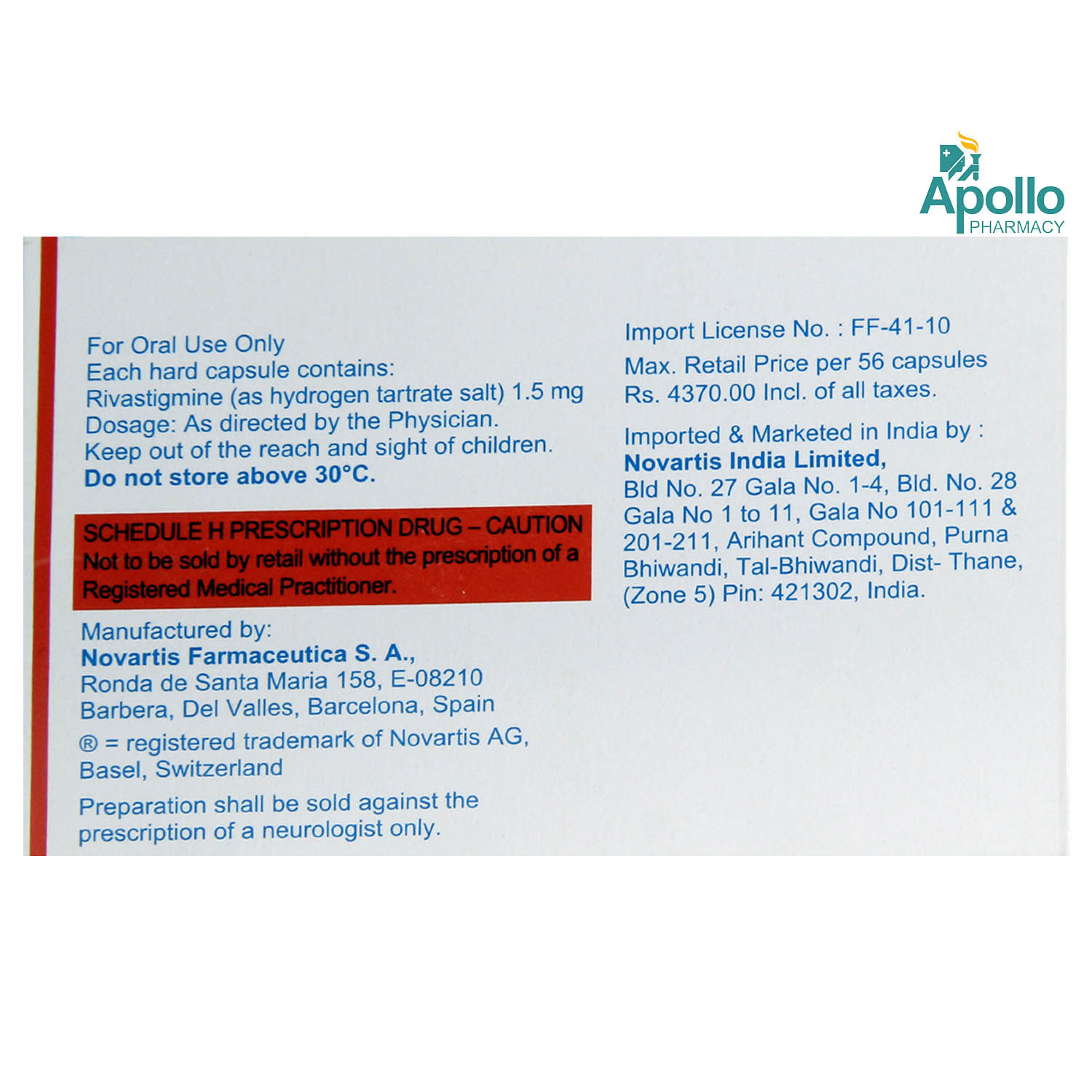 Exelon 1.5 mg Capsule 14's, Pack of 14 CAPSULES