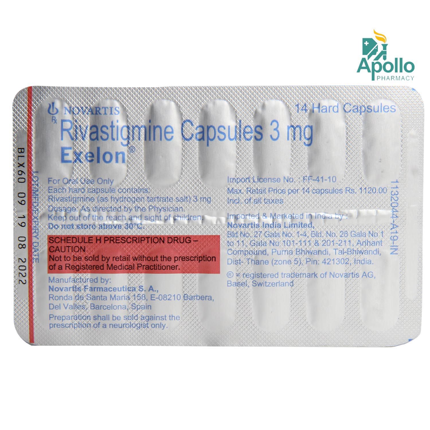 Exelon 1.5 mg Capsule 14's, Pack of 14 CAPSULES